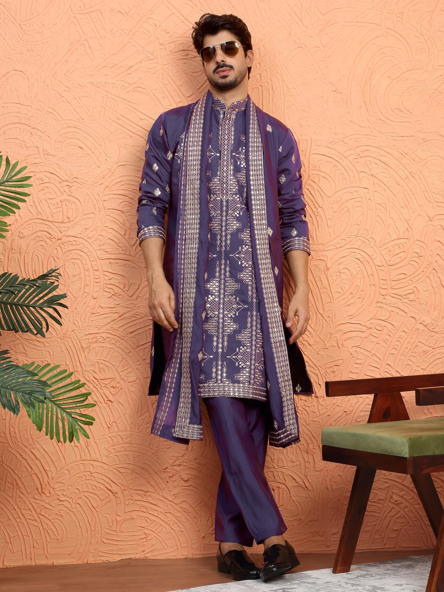 LUXE-Men's Cotton Silk Zari Sequenced Embroidered Kurta Trouser Pant Set With Matching Duppatta