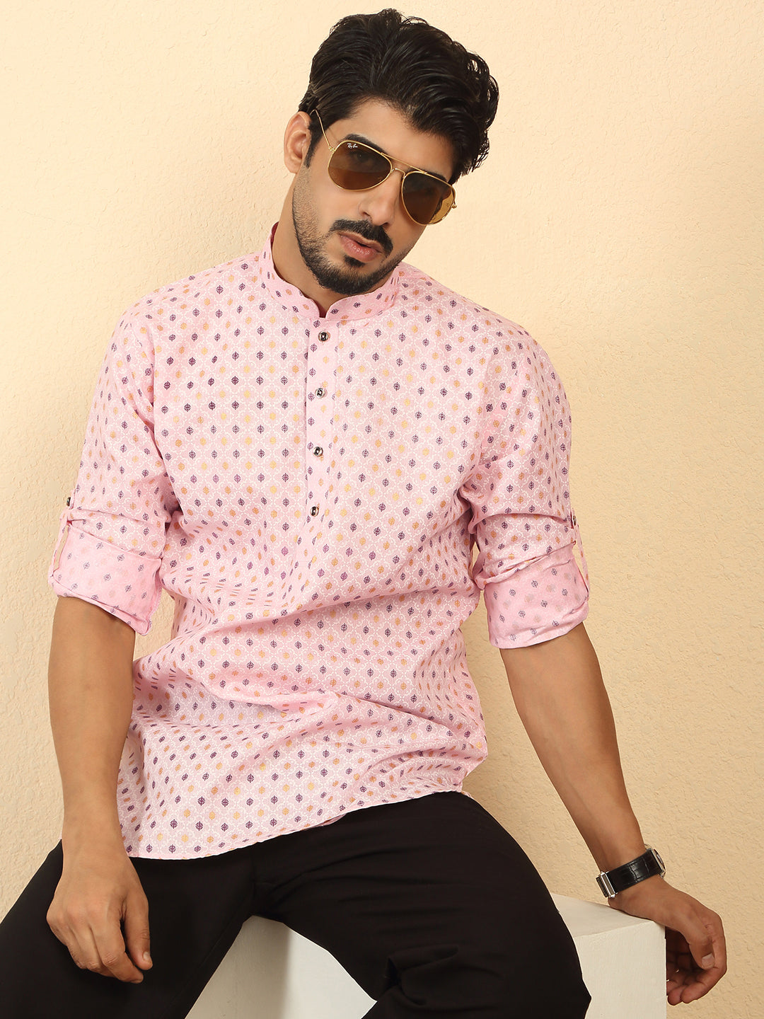 Foil Printed Roll-up Sleeves Short Kurta