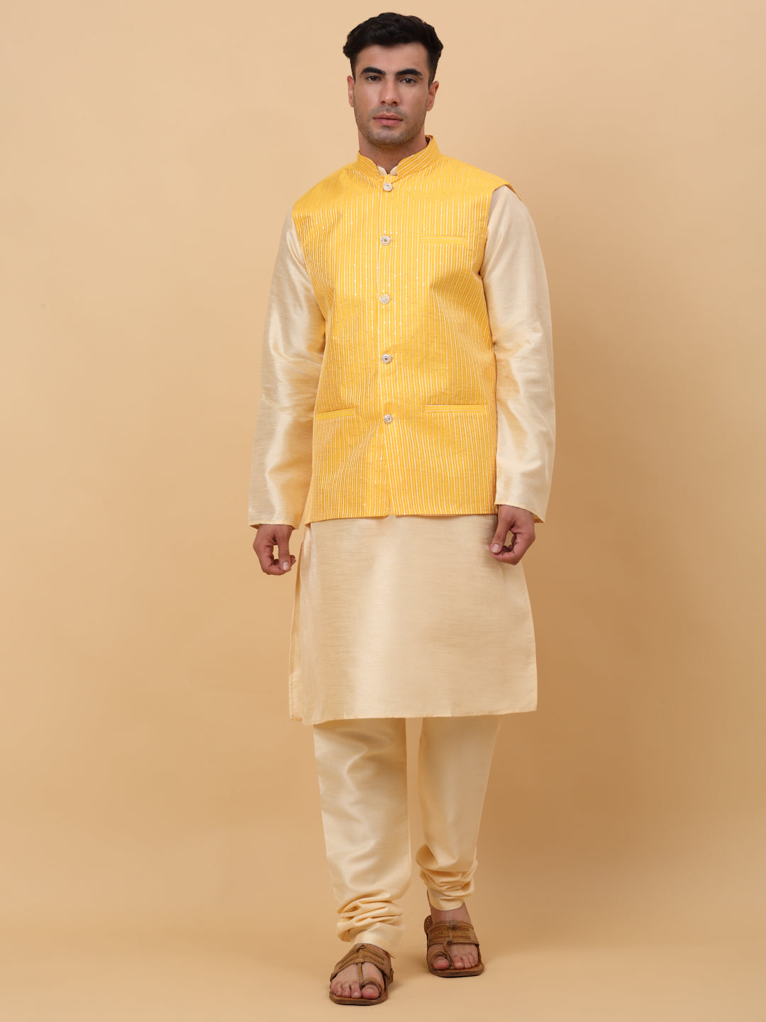 Men Beige Silk Blend Kurta, Churidar With SIlk Striped Nehru Jacket