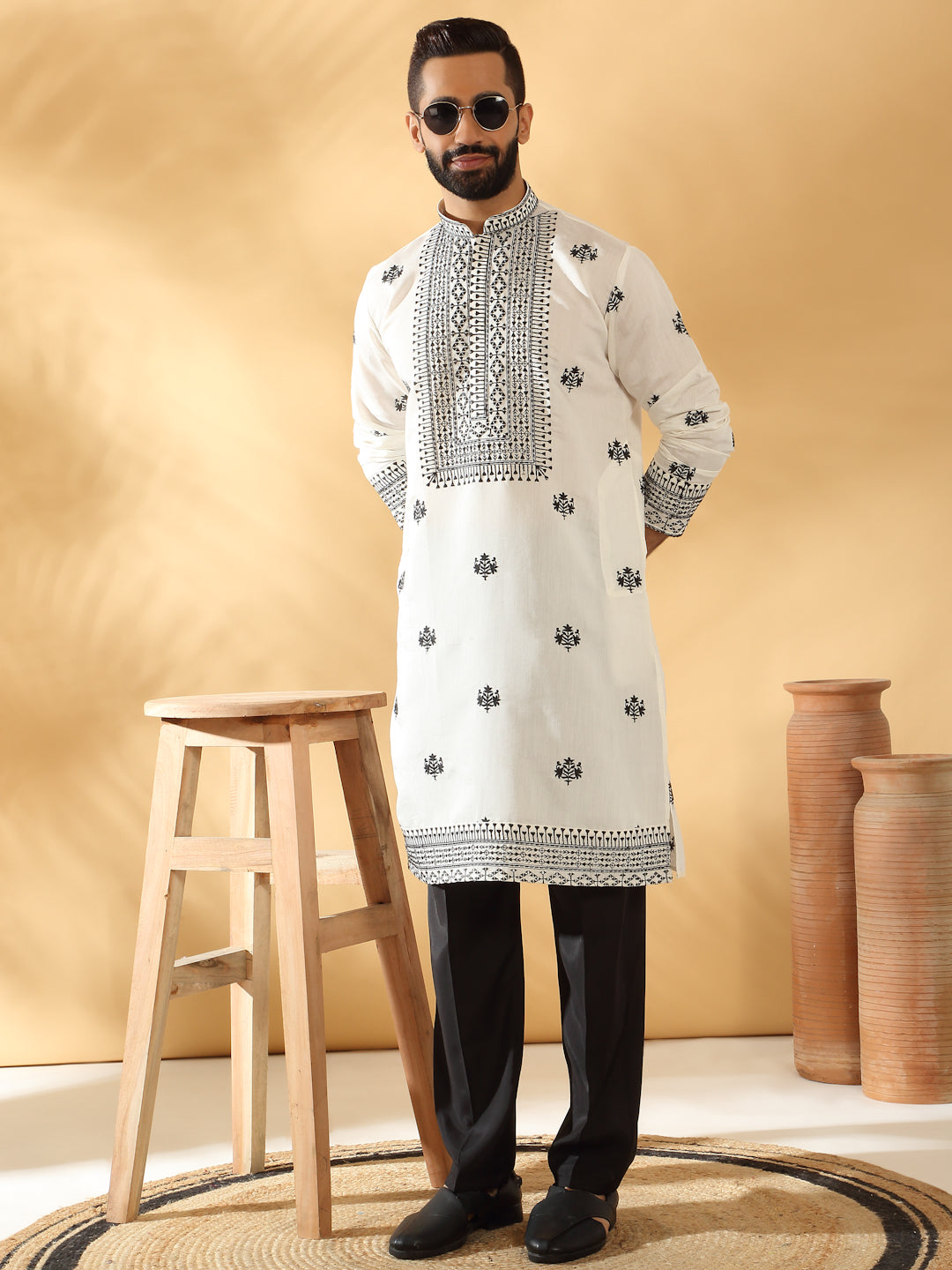 LUXE- Cotton Silk Yoke Design Embroidered Sequin Kurta With Cotton Silk Black Trouser Pant set