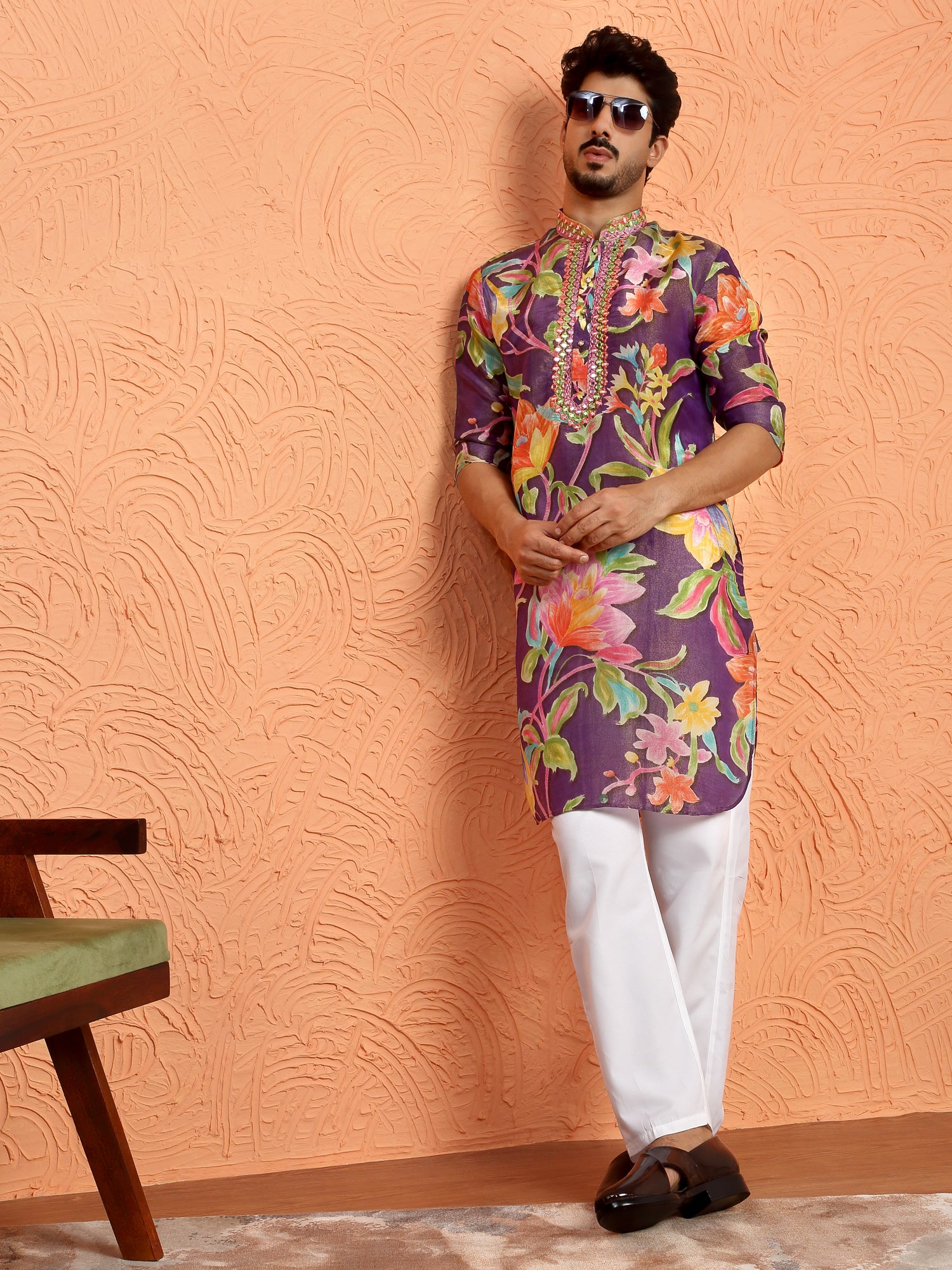 LUXE-Men's Silk Yoke Design Floral Mirror Work Kurta Trouser Pant Set