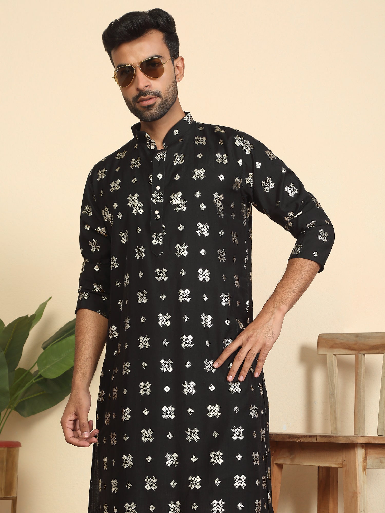 Men’s Cotton Silk Printed Mandarin Collar Kurta