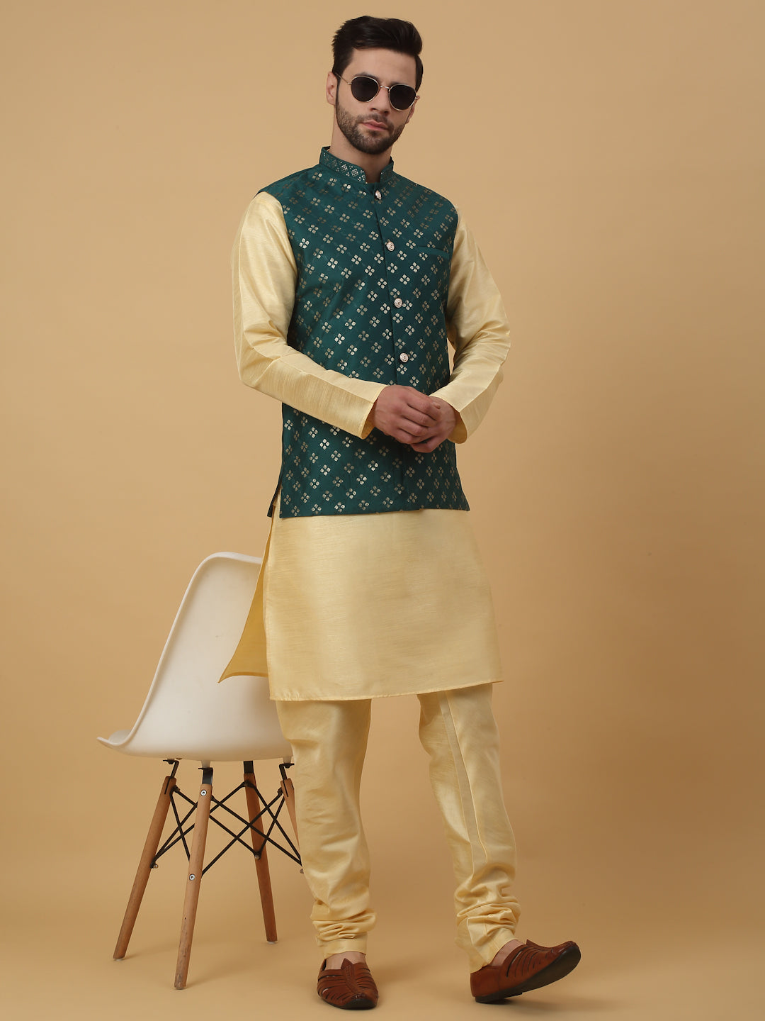 KRAFT INDIA Men's Silk Blend Beige Kurta, Churidar with Cotton Silk Embroided Sequenced Nehru Jacket Set