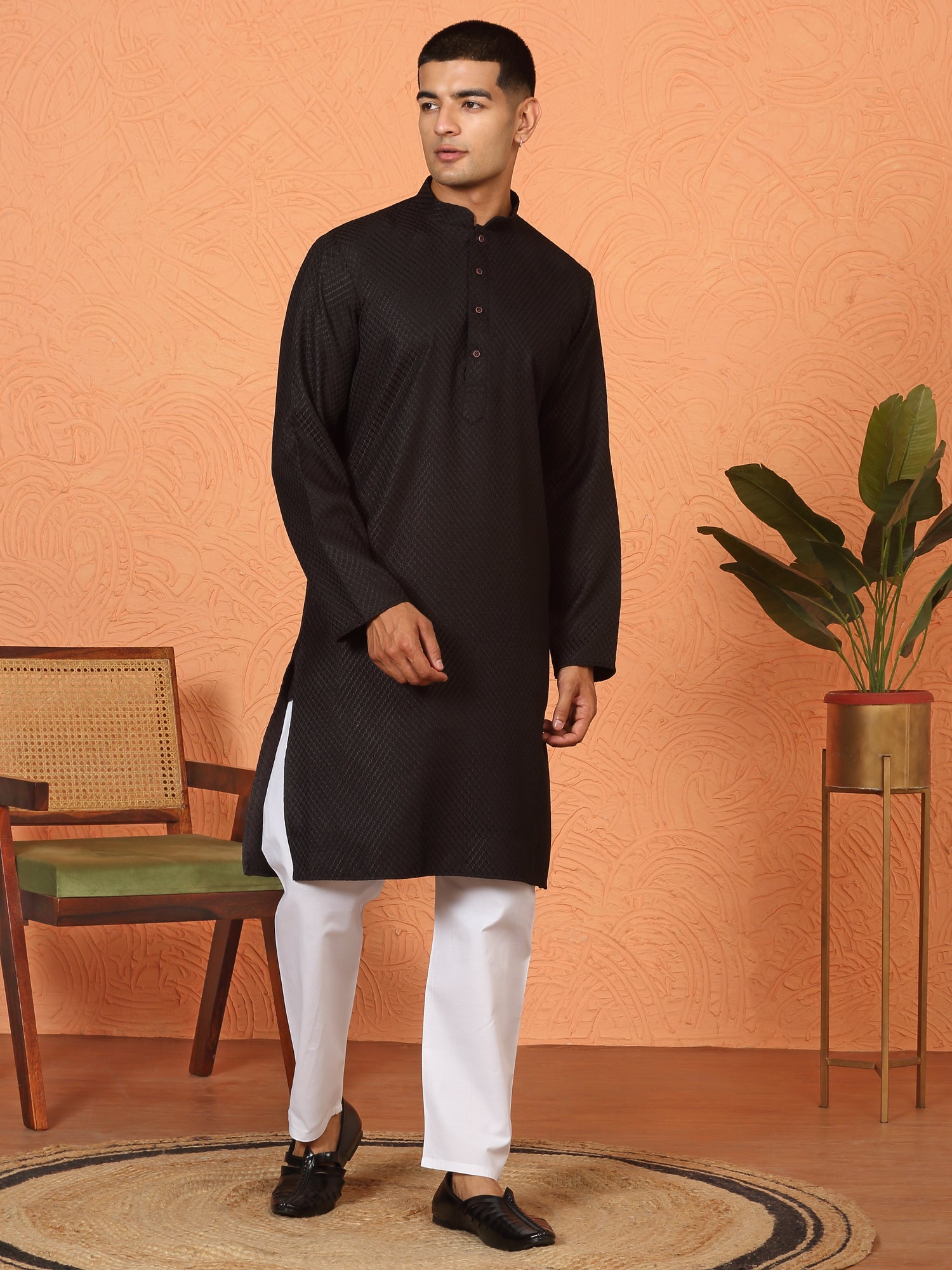 Men's Chikan Embroidered Cotton Rayon Long Kurta With White Pyjama