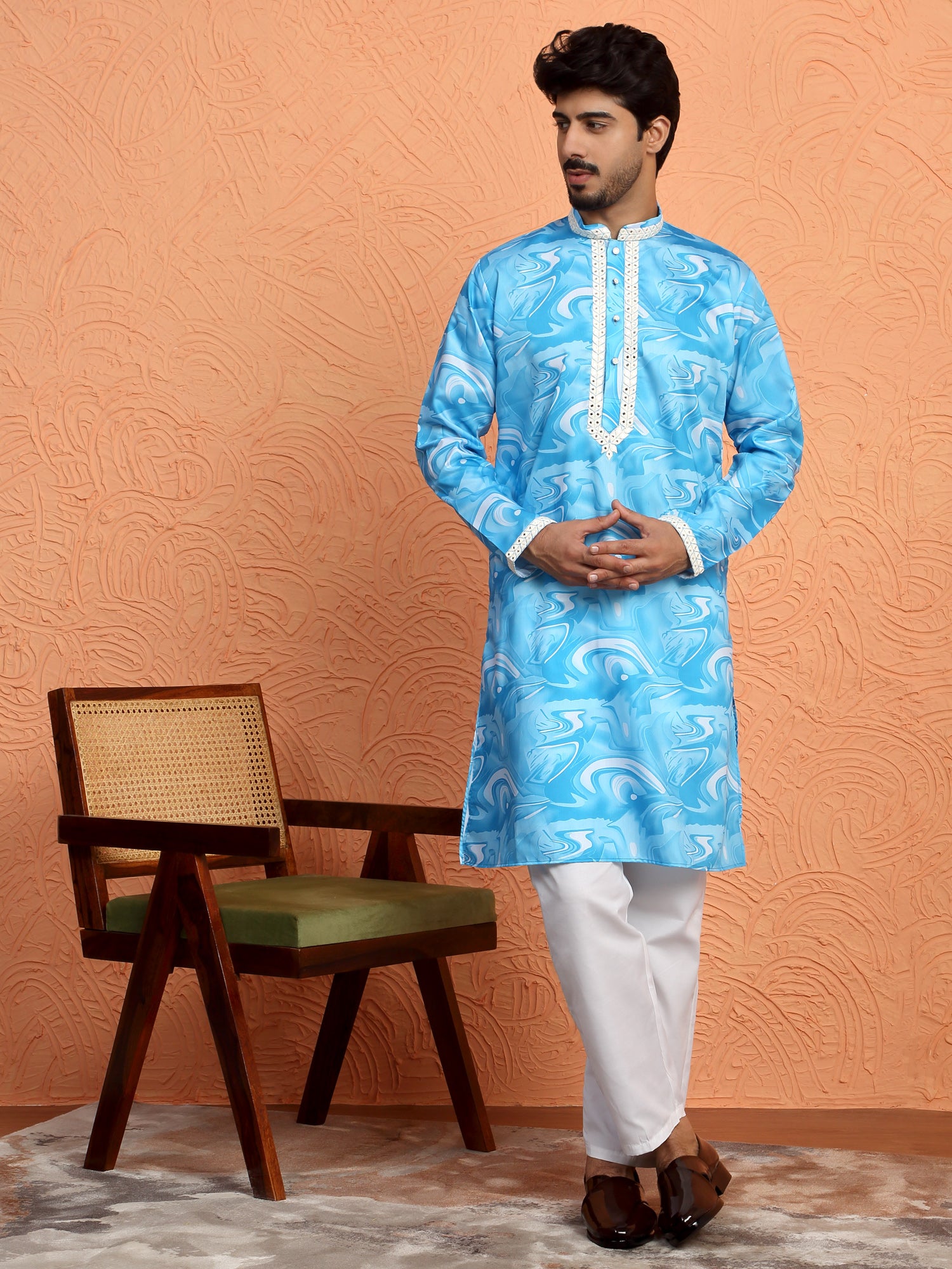 LUXE- Men's Cotton Silk Tie-Dye Printed Yoke Design Sequence Kurta