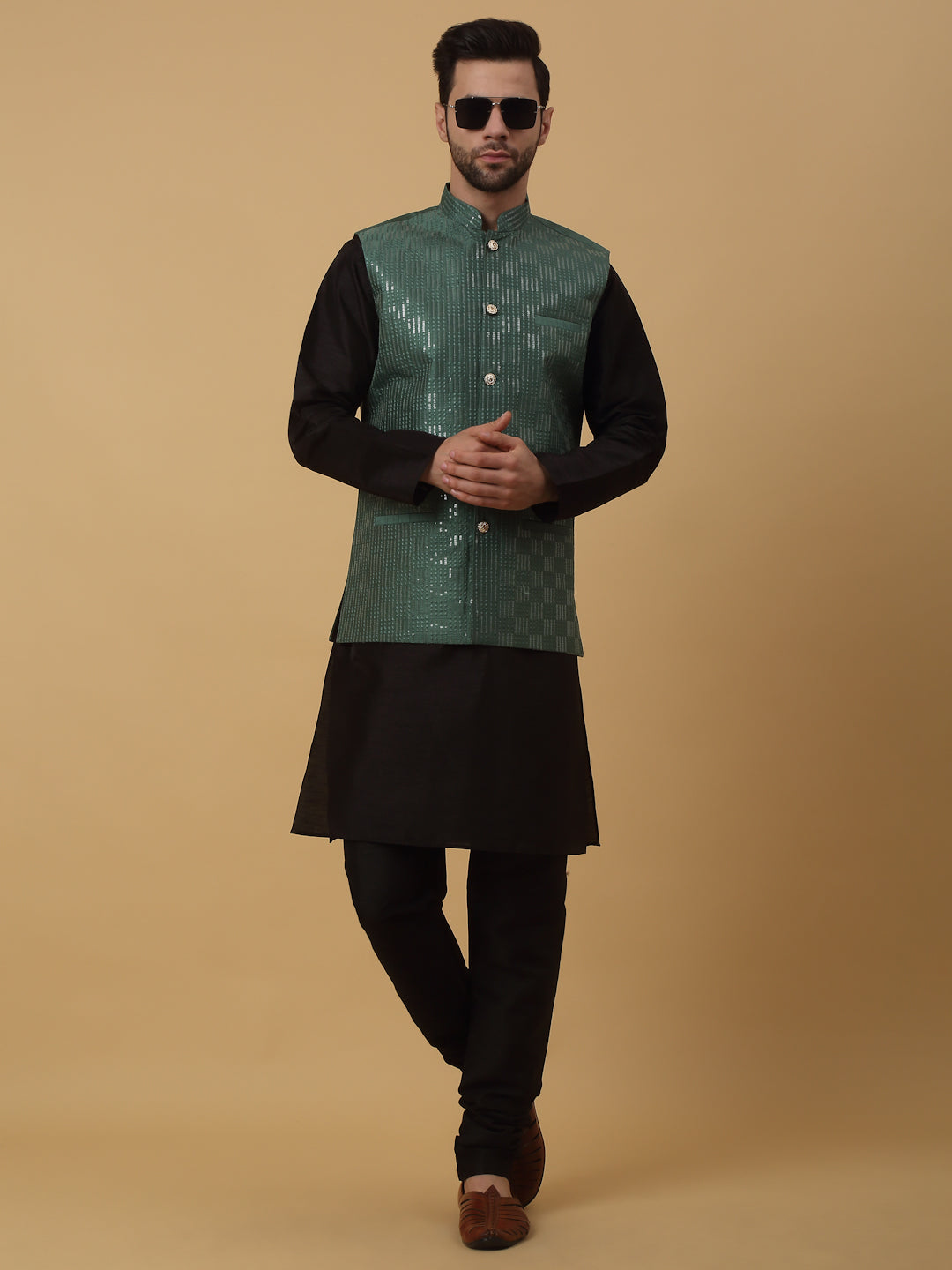 KRAFT INDIA Men's Silk Blend Black Kurta, Churidar With Cotton Silk Sequenced Embroided Nehru Jacket set