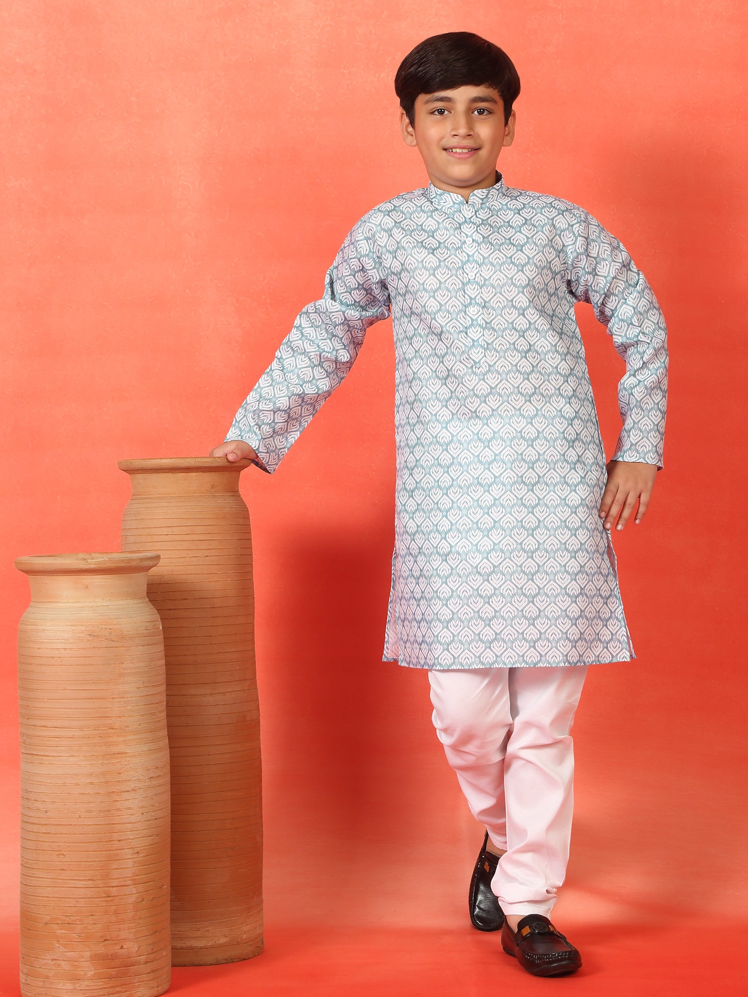 Kid's Geometric Print Cotton Blend Long Kurta