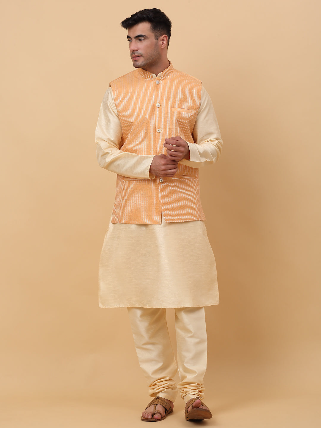 Men Beige Silk Blend Kurta, Churidar With SIlk Striped Nehru Jacket