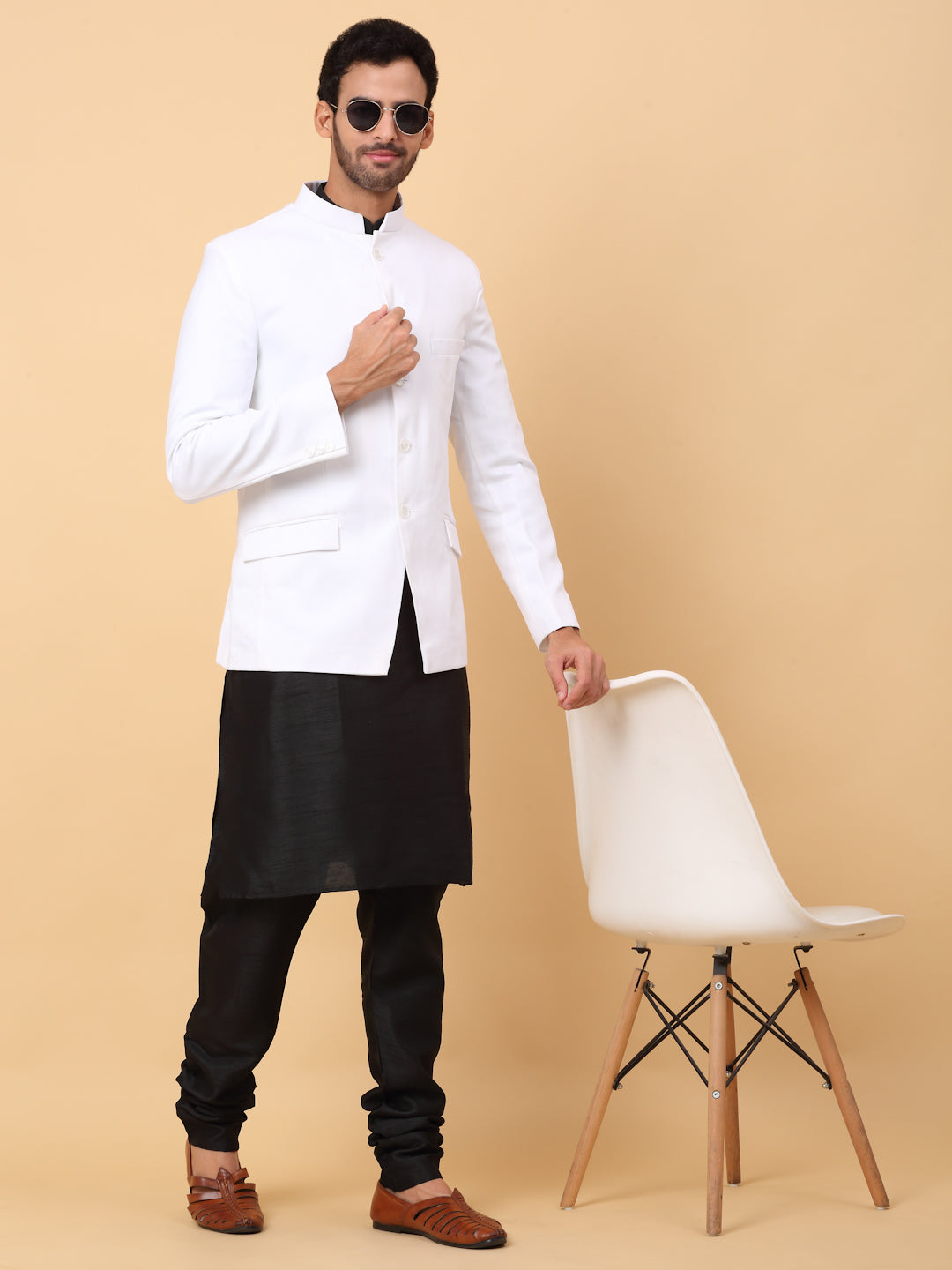KRAFT INDIA Men's Silk Cream Kurta Churidar With Solid Twill Bandhgala Suit/Coat
