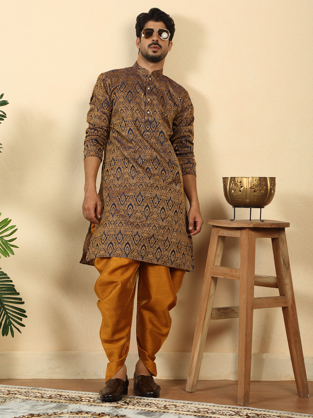 Silk Blend Jacquard Paisley Kurta With Mustard Elastic Waistband Dhoti Set