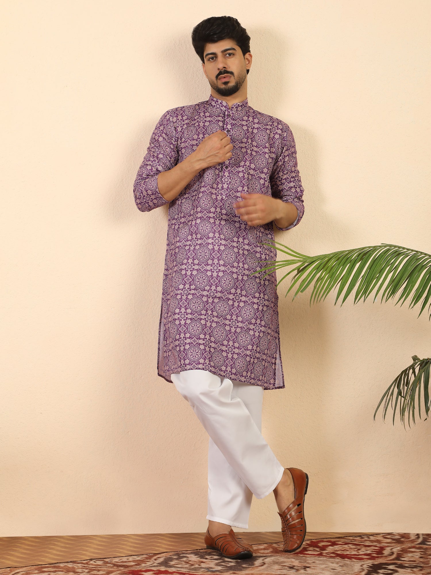 Men's Pure Cotton Jaipuri Print Long Kurta with Mandarin Collar