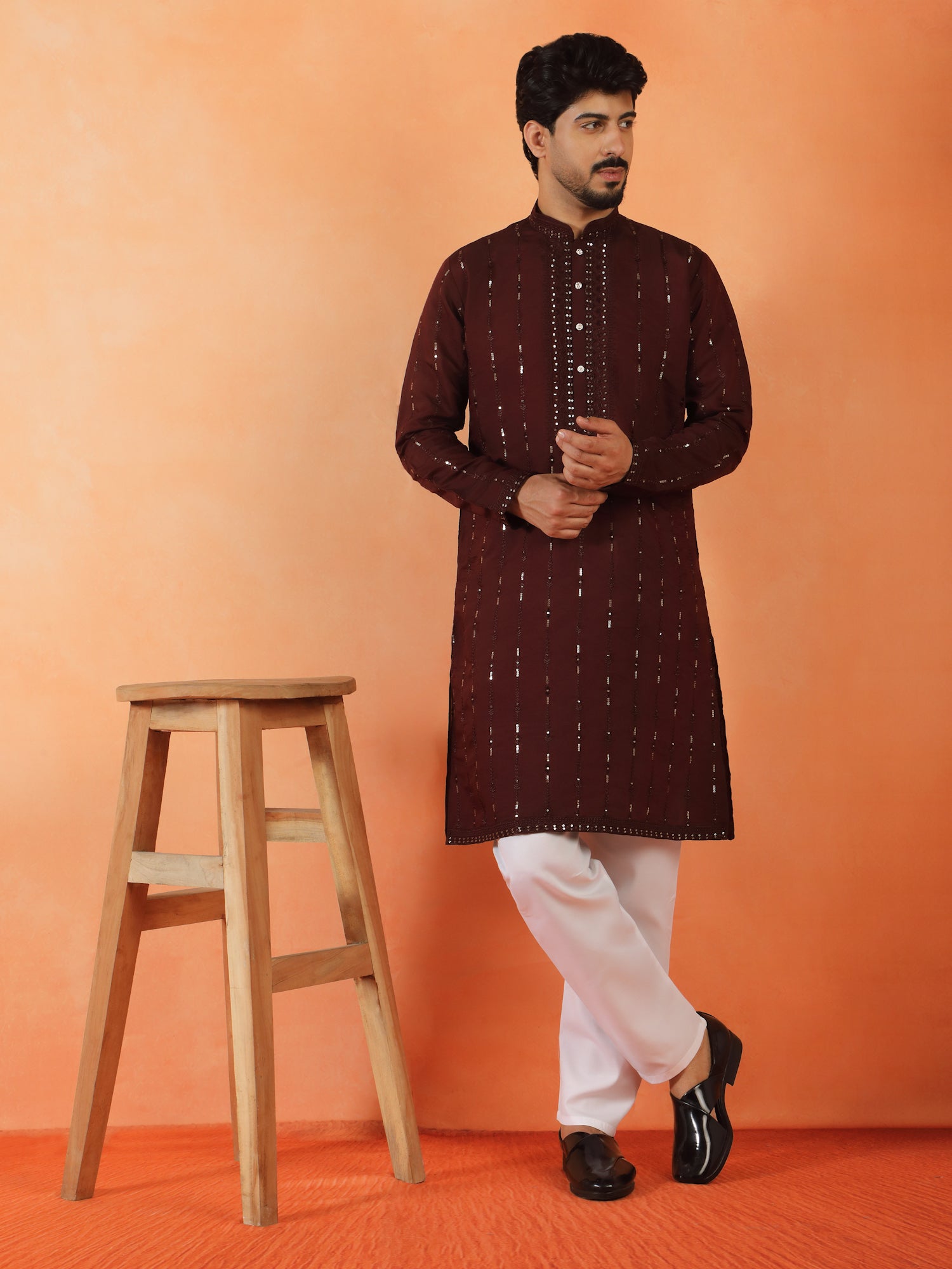 Men's Embroidered & Sequenced Designed Cotton Silk Straight Kurta With Pyjama Set