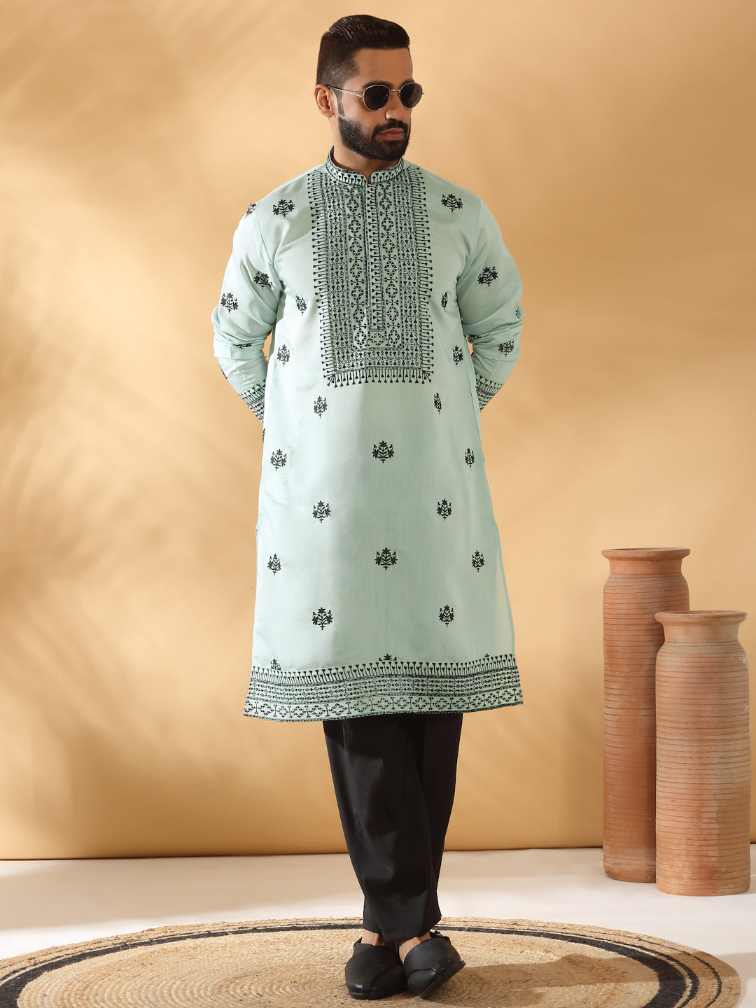 LUXE- Cotton Silk Yoke Design Embroidered Sequin Kurta With Cotton Silk Black Trouser Pant set