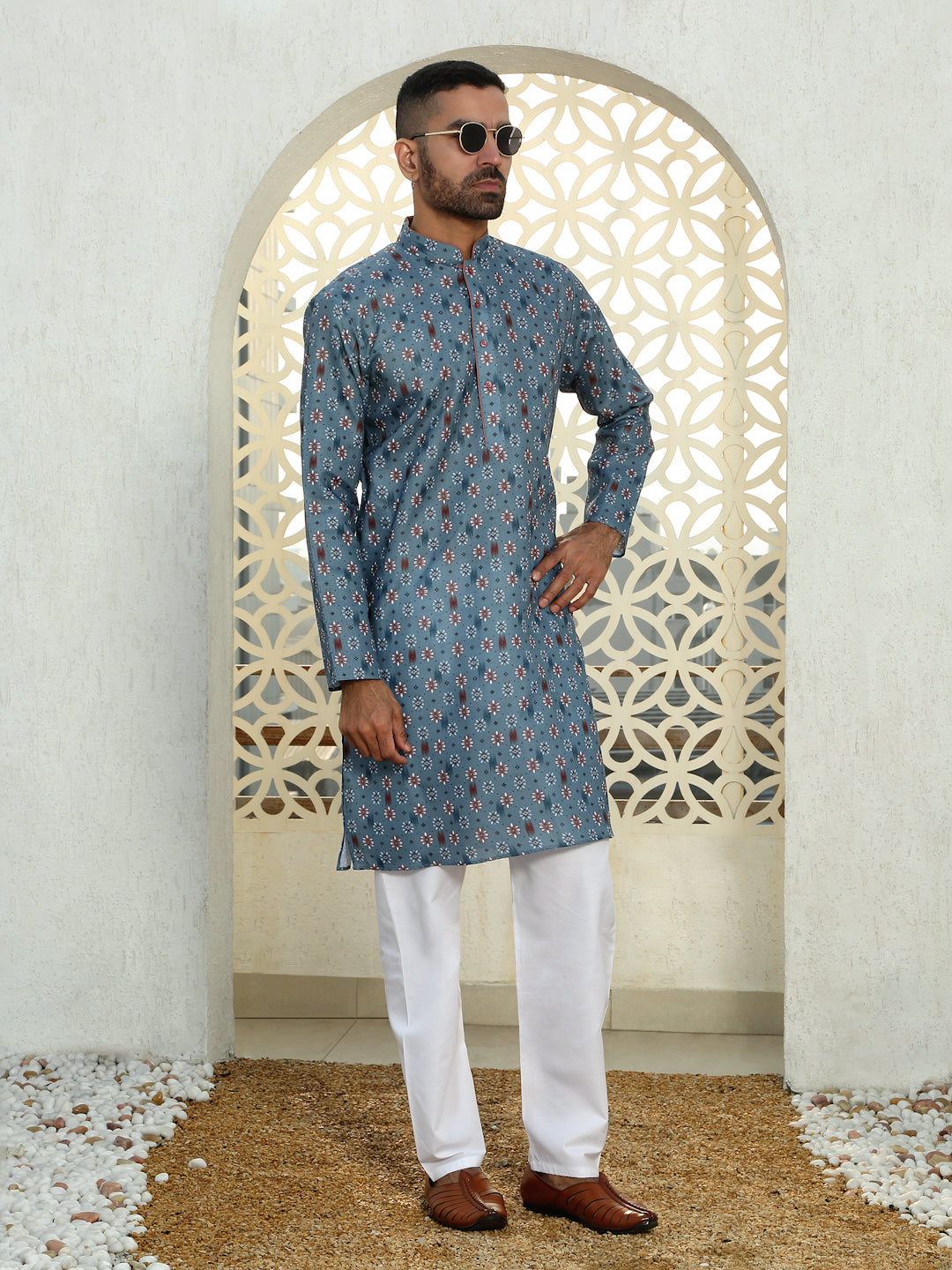 Cotton Floral Print Regular Kurta with Contrast Rust Piping on Collar and white Elastic waistband Pyjama set