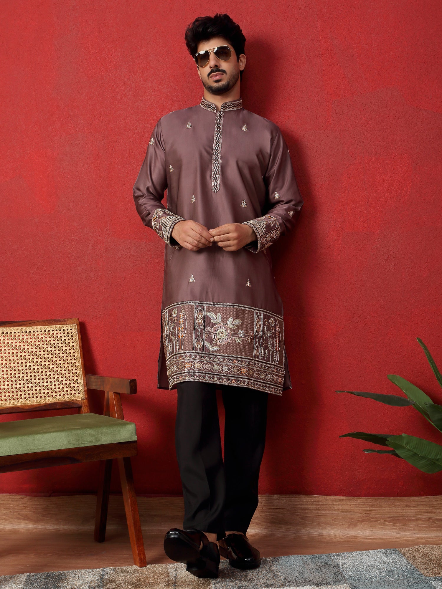 LUXE-Men's Cotton Silk Floral Daman Embroidered Kurta