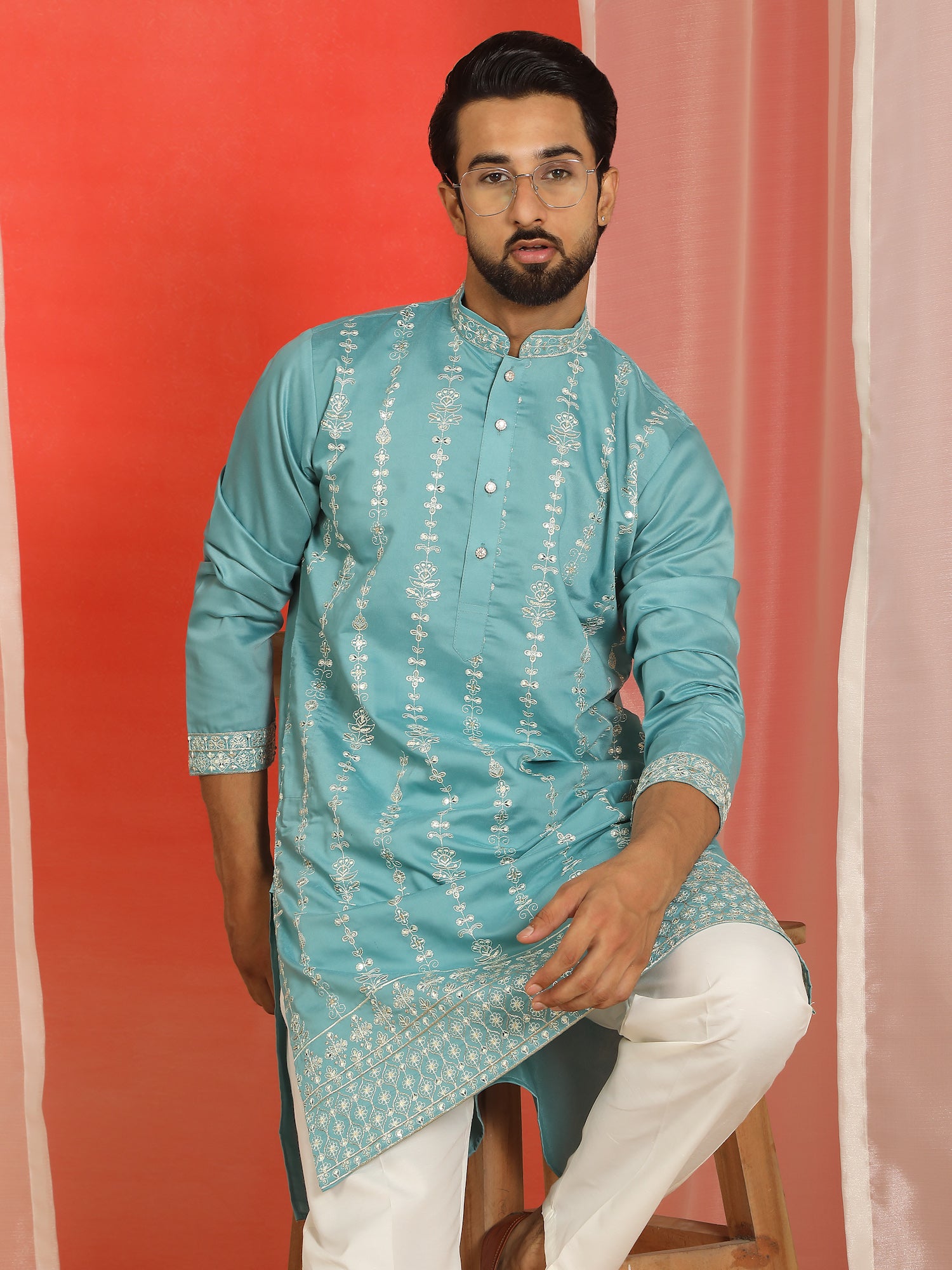 Men Cotton Silk Floral Thread Work Sequined Festive Kurta
