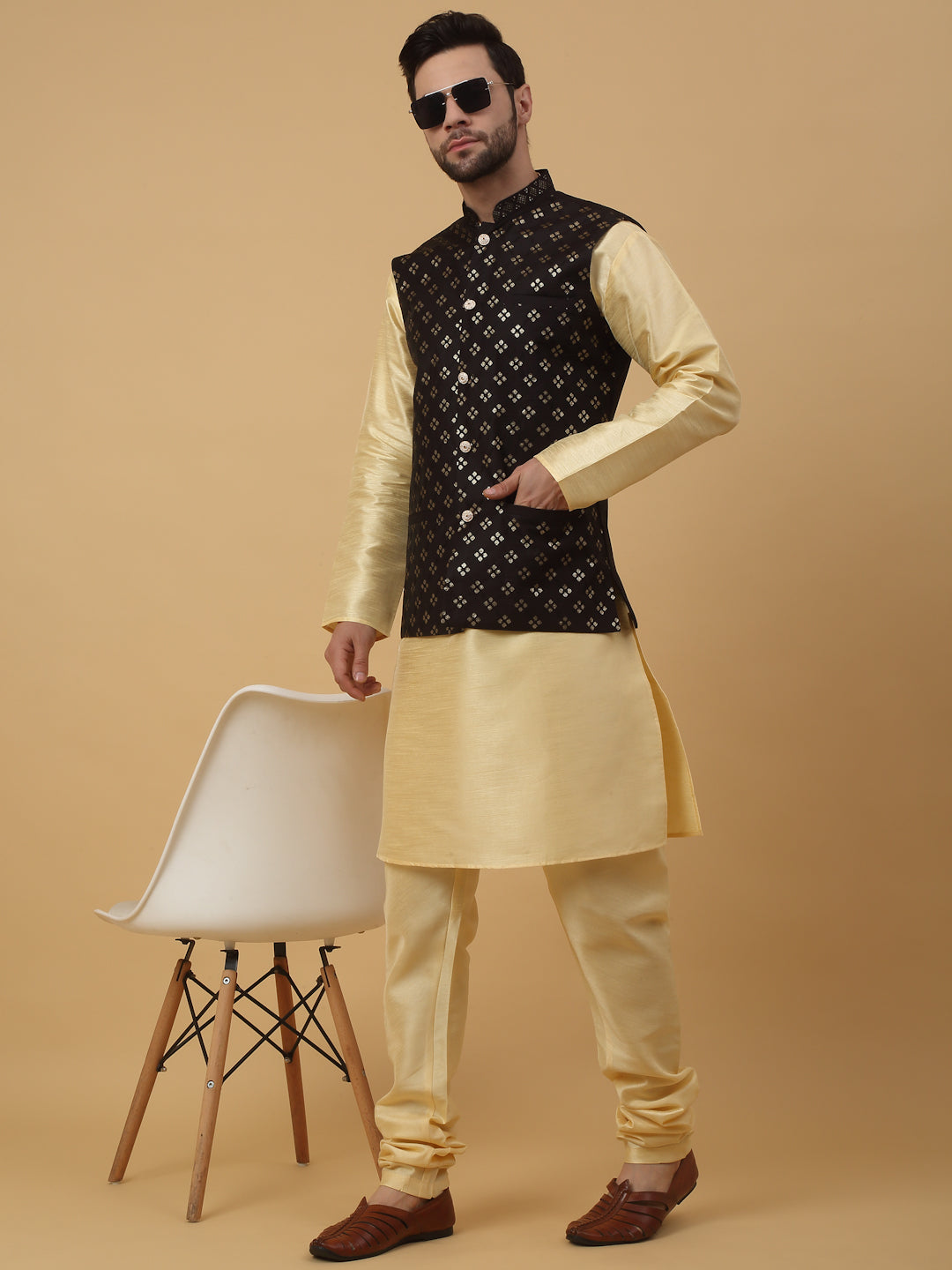 KRAFT INDIA Men's Silk Blend Beige Kurta, Churidar with Cotton Silk Embroided Sequenced Nehru Jacket Set