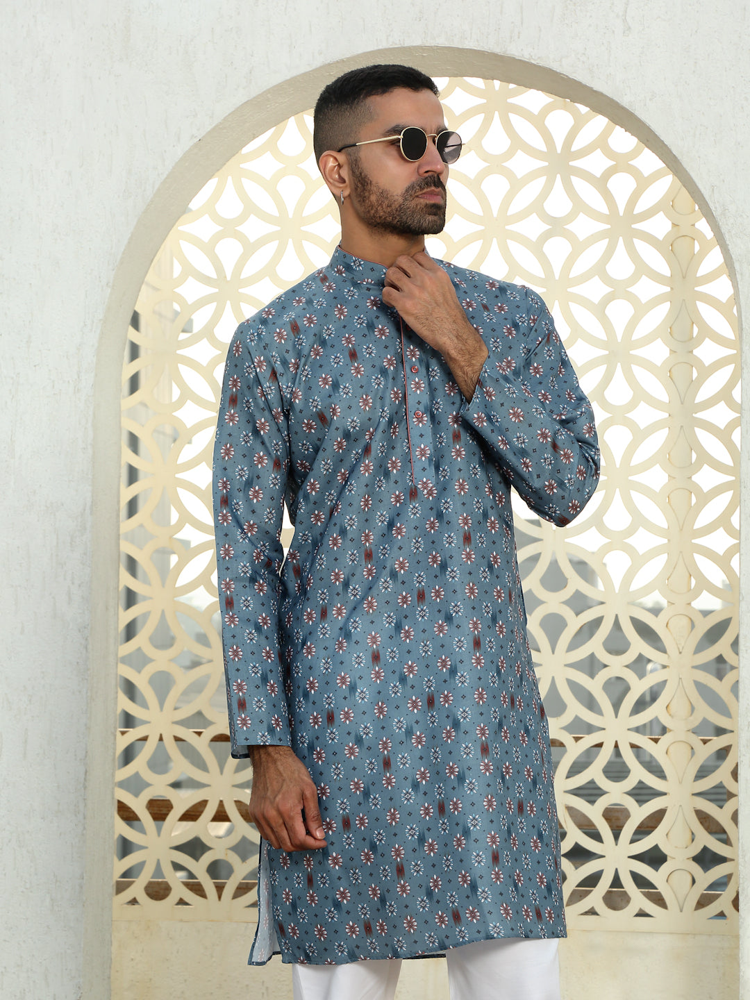Cotton Floral Print Regular Kurta Contrast Rust Piping on Collar