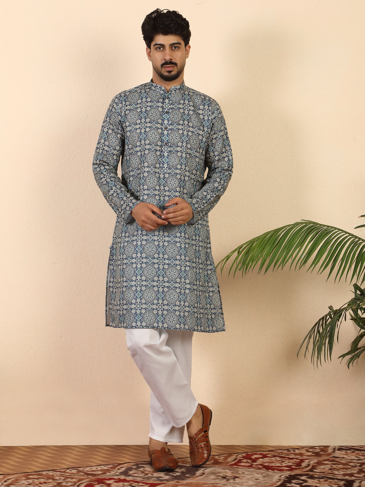 Men's Pure Cotton Jaipuri Print Long Kurta with Mandarin Collar
