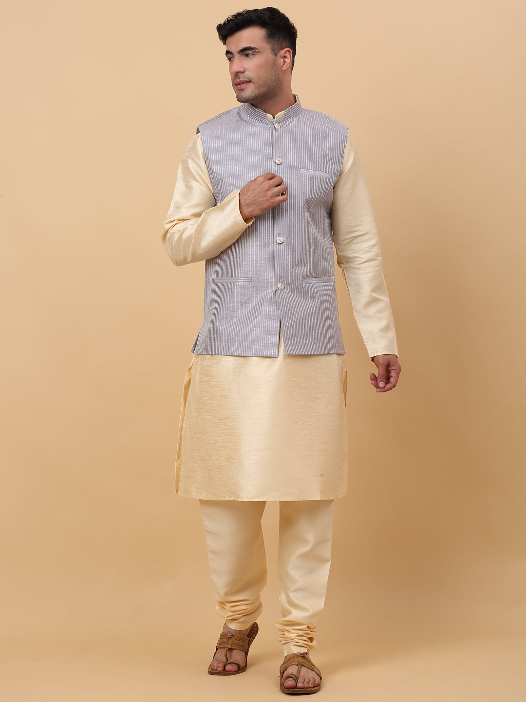 Men Beige Silk Blend Kurta, Churidar With SIlk Striped Nehru Jacket