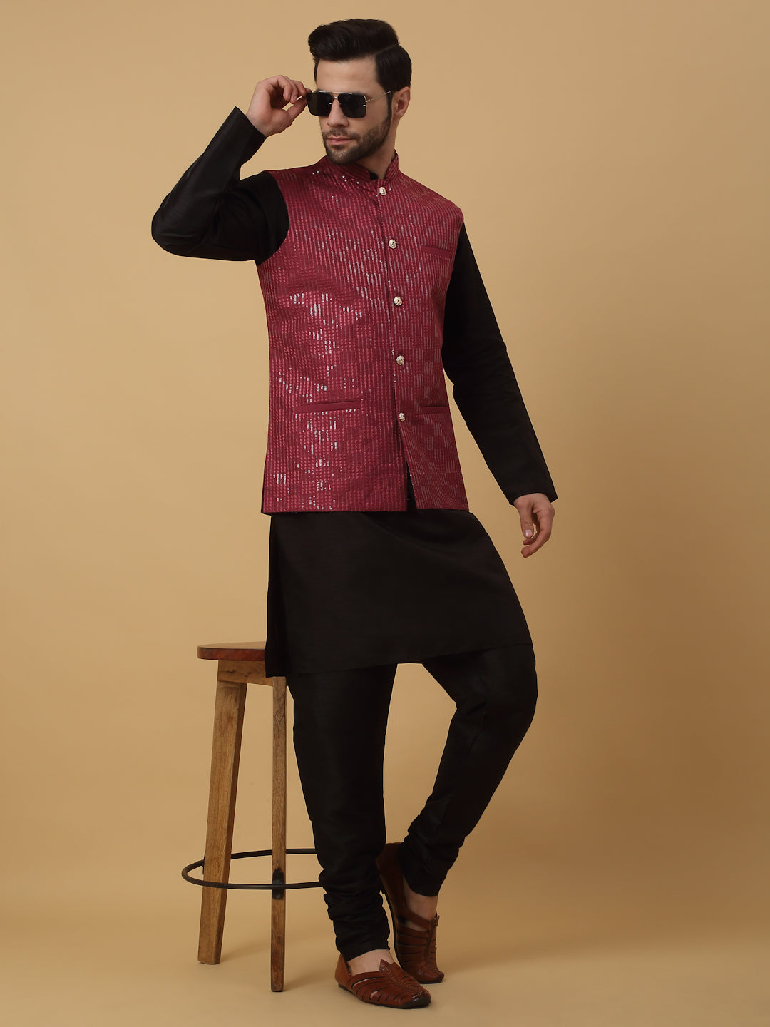 KRAFT INDIA Men's Silk Blend Black Kurta, Churidar With Cotton Silk Sequenced Embroided Nehru Jacket set