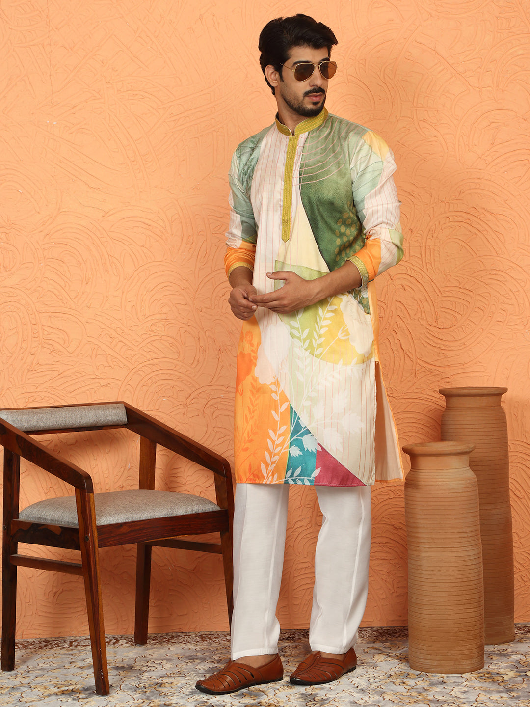 Men’s Cotton Silk Floral Printed Anchor Neck Work Kurta