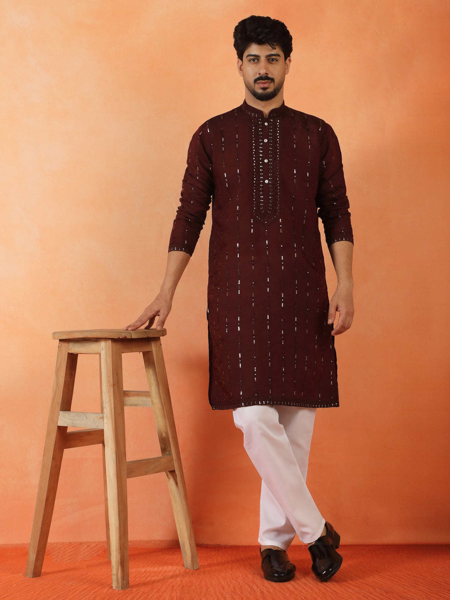 Men's Embroidered & Sequenced Cotton Silk Straight Long Kurta