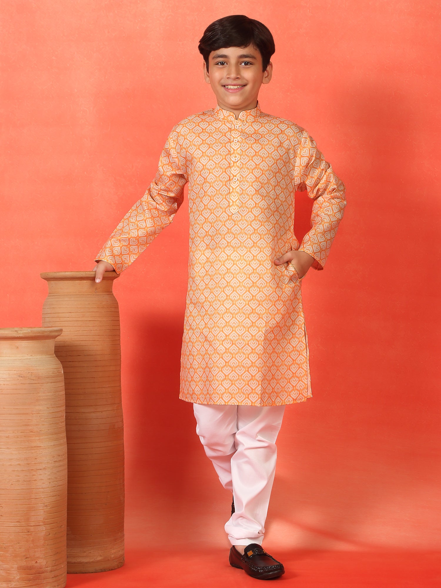 Kid's Geometric Print Cotton Blend Long Kurta