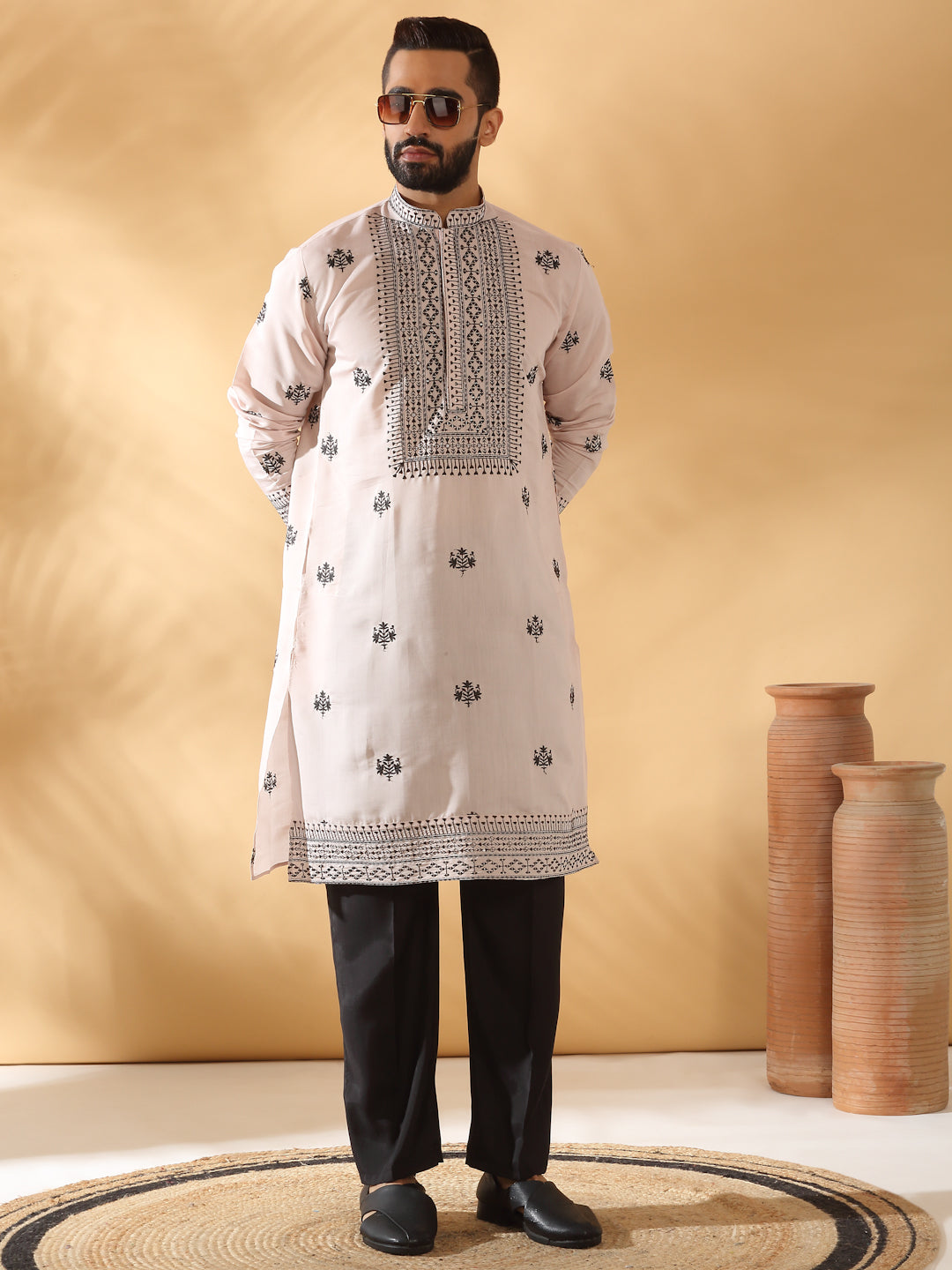 LUXE- Cotton Silk Yoke Design Embroidered Sequin Kurta With Cotton Silk Black Trouser Pant set