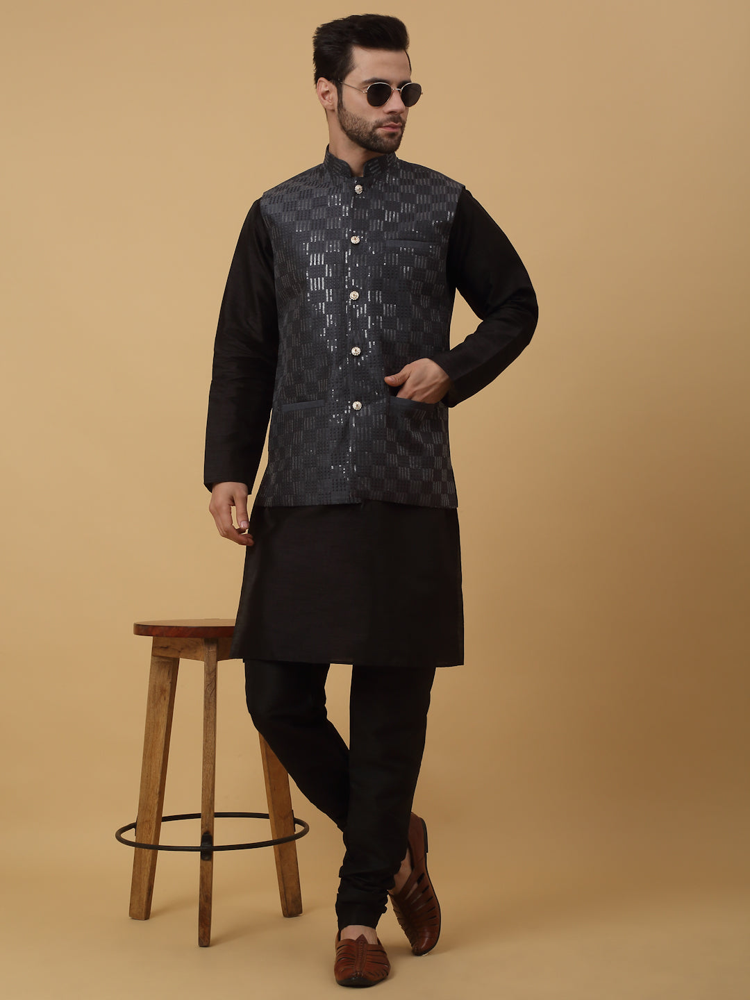 KRAFT INDIA Men's Silk Blend Black Kurta, Churidar With Cotton Silk Sequenced Embroided Nehru Jacket set