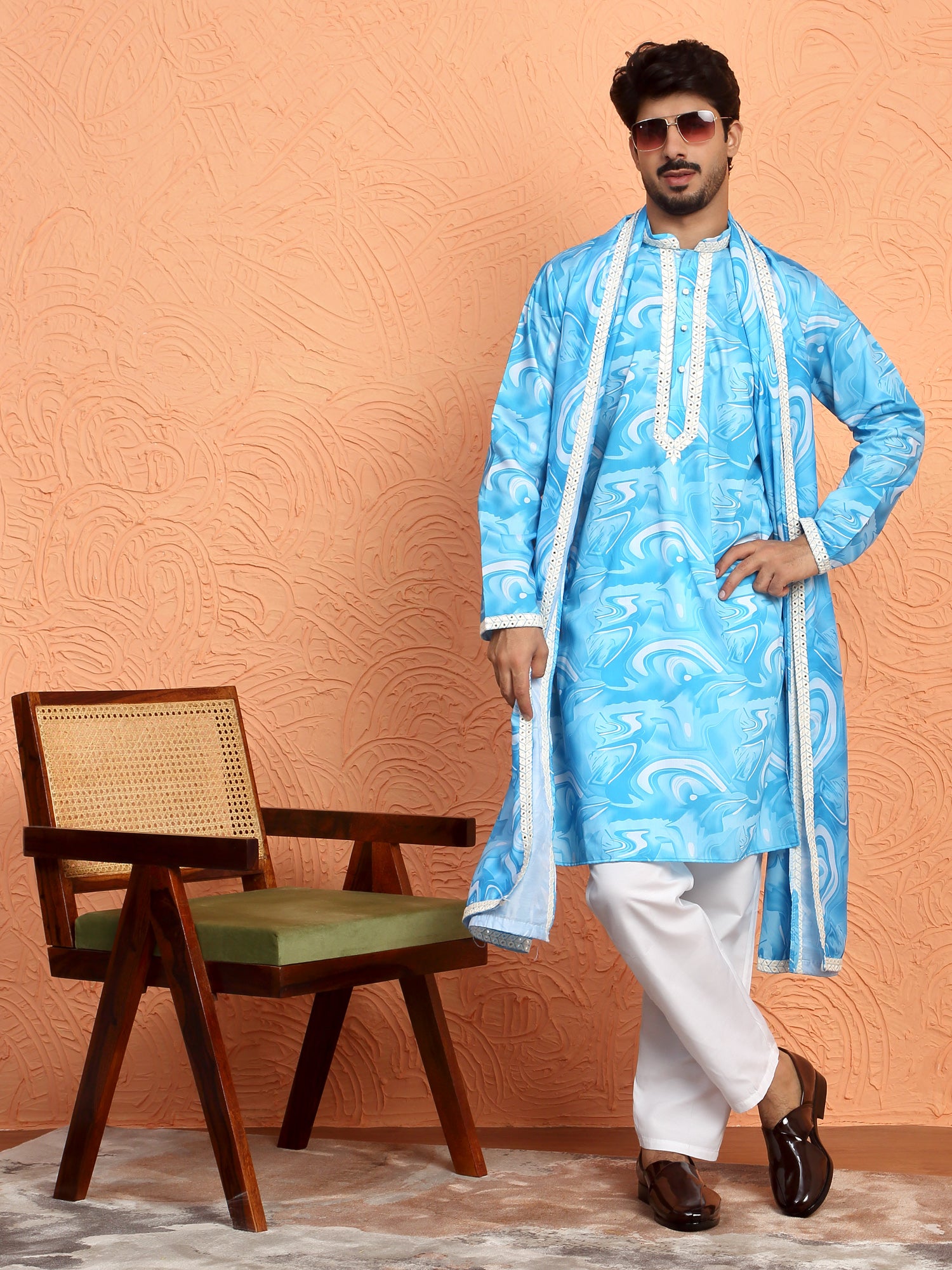 LUXE-Men's Cotton Silk Tie-Dye Printed Yoke Design Sequence Kurta Trouser Pant Set With Matching Duppatta