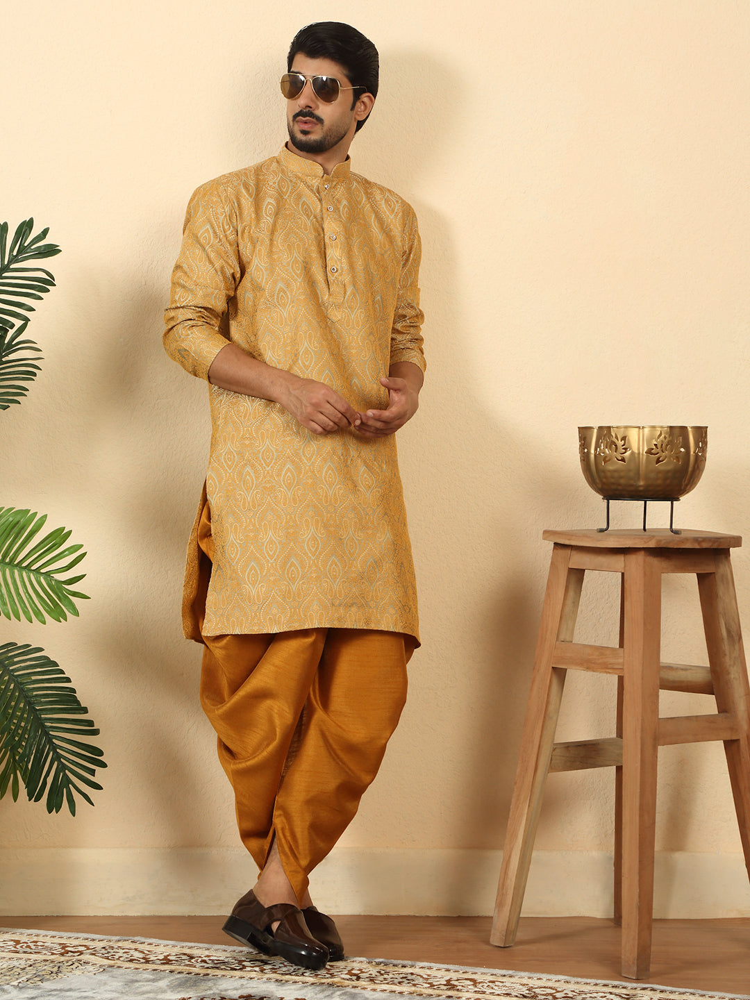 Silk Blend Jacquard Paisley Kurta With Mustard Elastic Waistband Dhoti Set