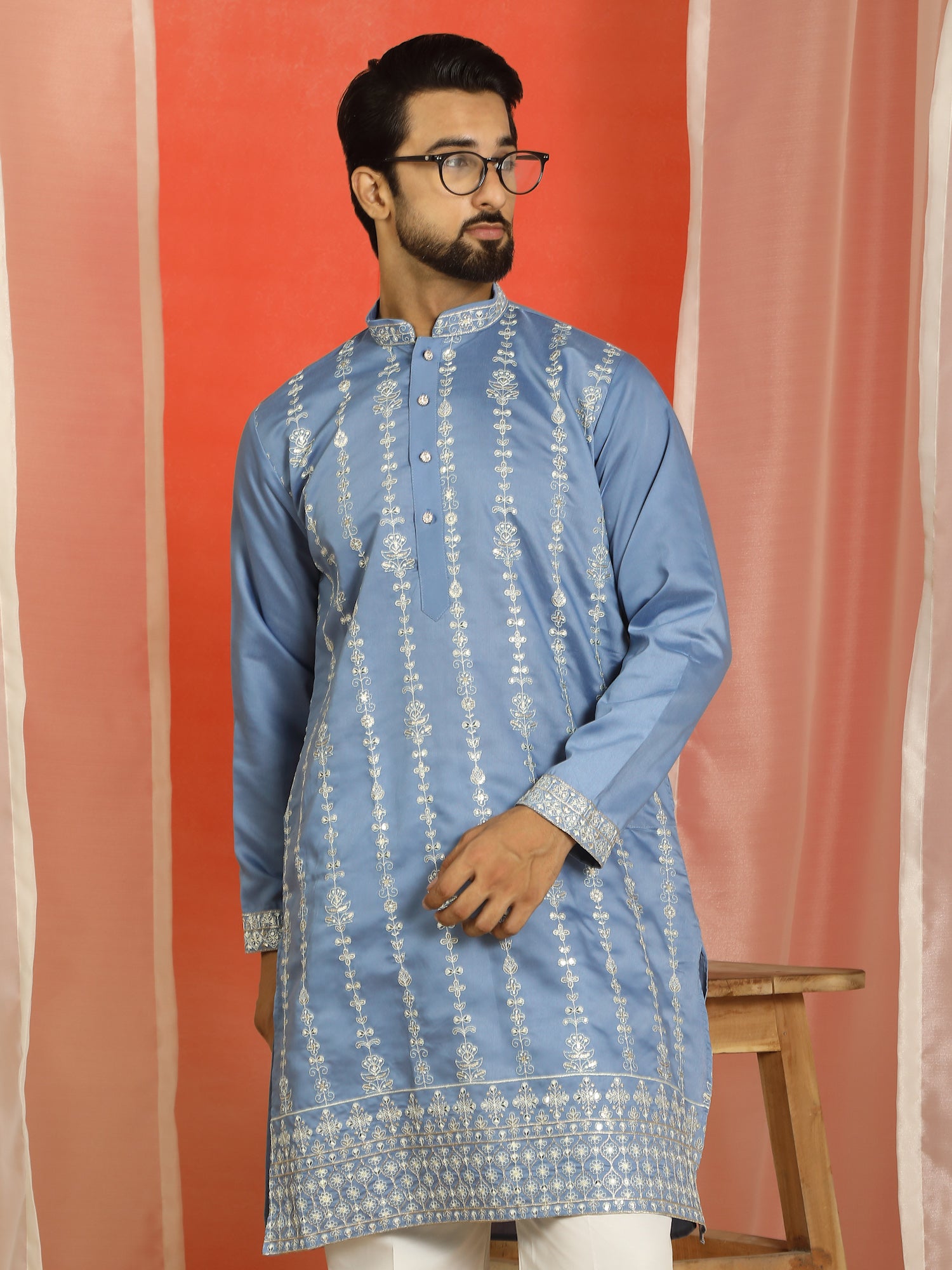 Men Cotton Silk Floral Thread Work Sequined Festive Kurta