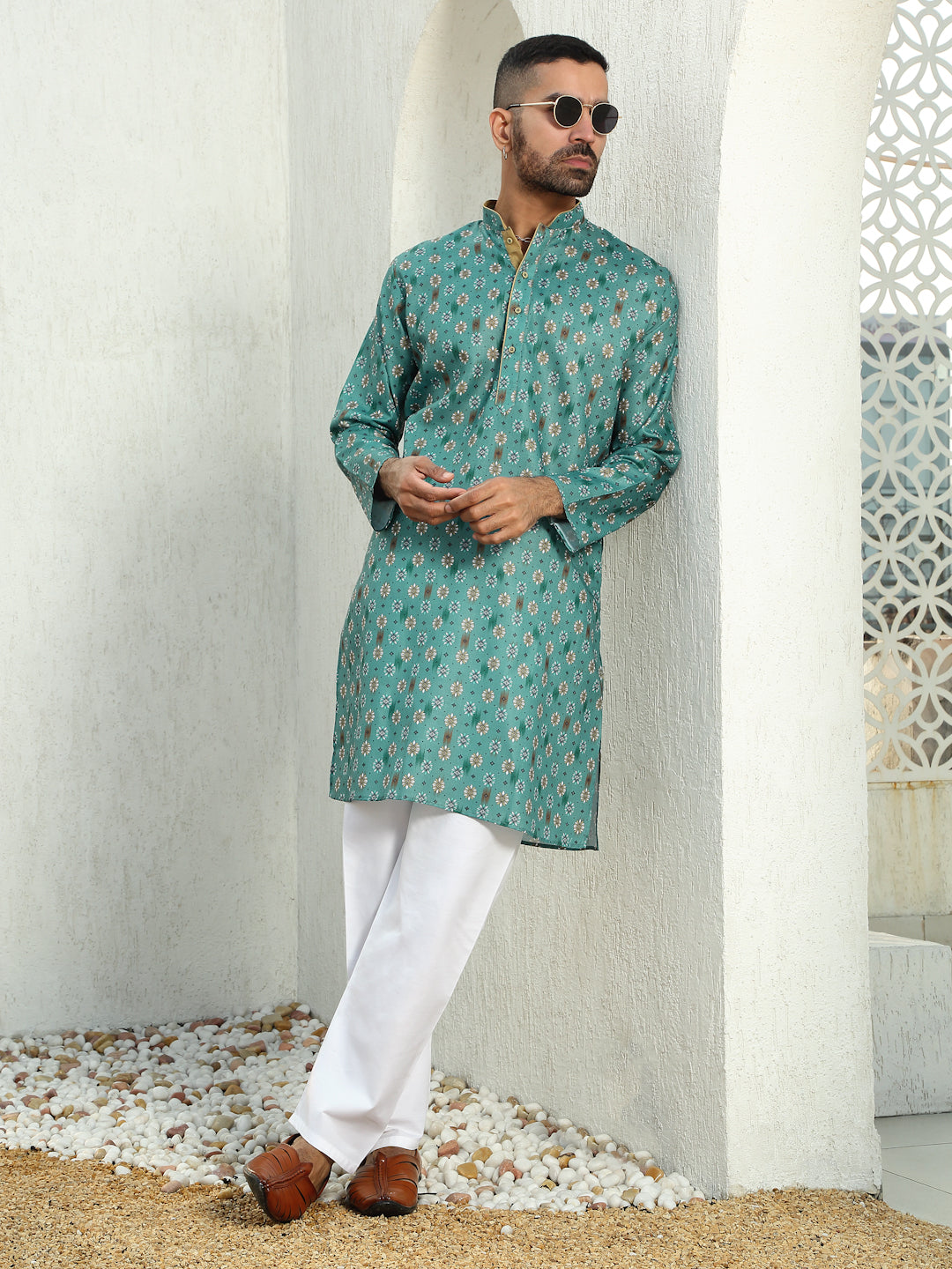 Cotton Floral Print Regular Kurta with Contrast Rust Piping on Collar and white Elastic waistband Pyjama set
