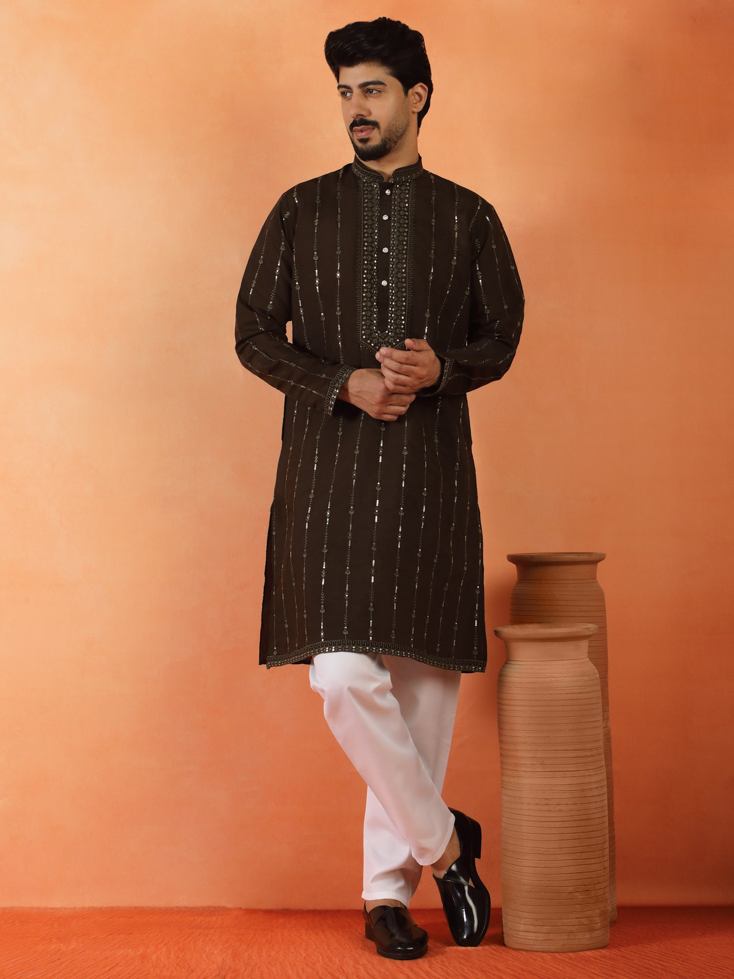 Men's Embroidered & Sequenced Cotton Silk Straight Long Kurta