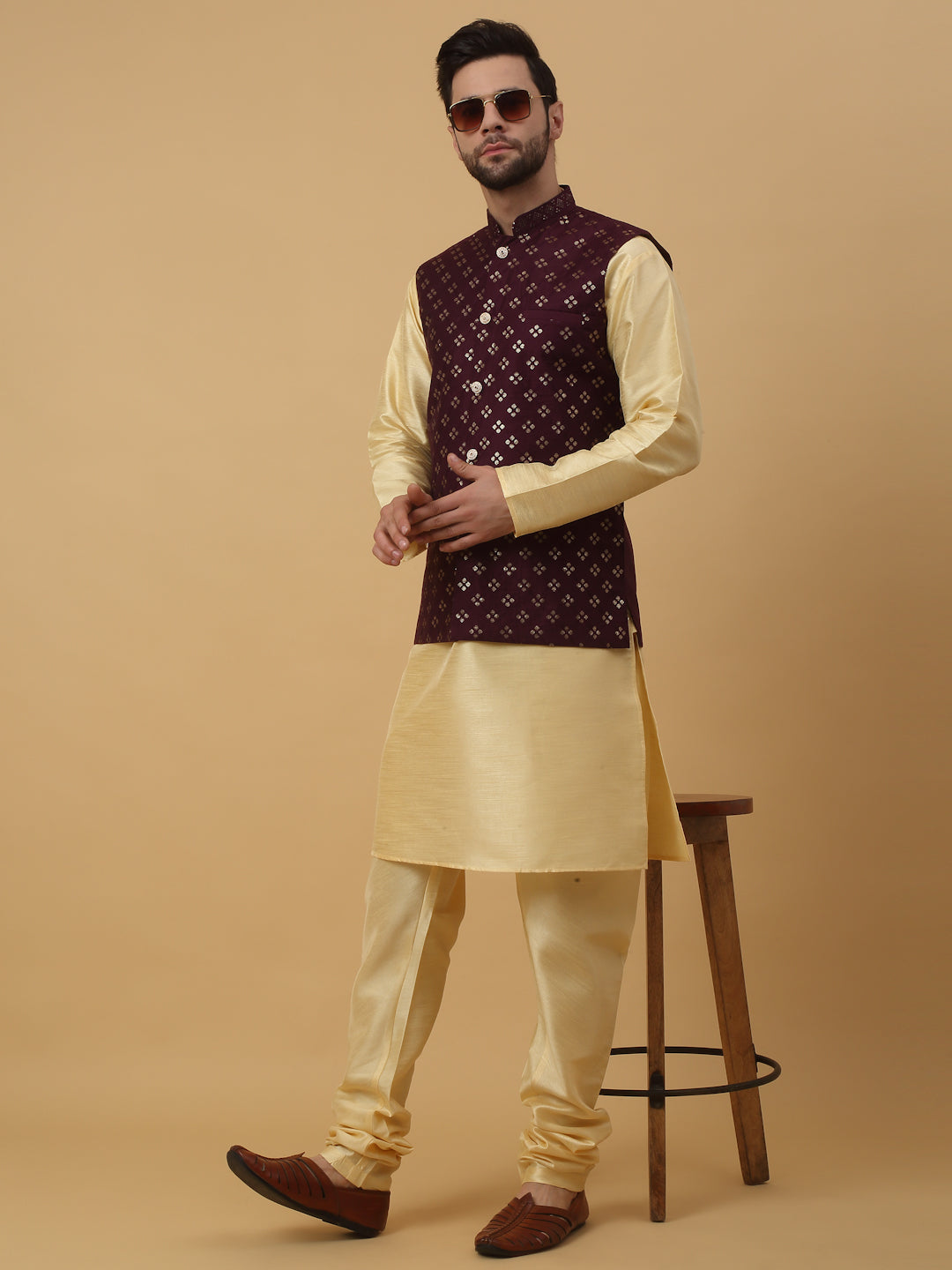 KRAFT INDIA Men's Silk Blend Beige Kurta, Churidar with Cotton Silk Embroided Sequenced Nehru Jacket Set