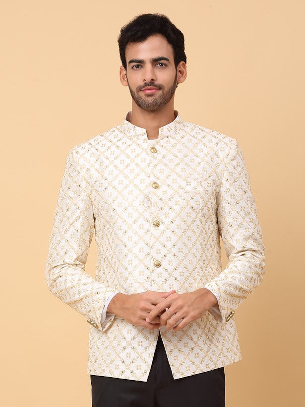 KRAFT INDIA Men's Regular Fit Embroidered Silk Blend Zari Bandhgala Coat