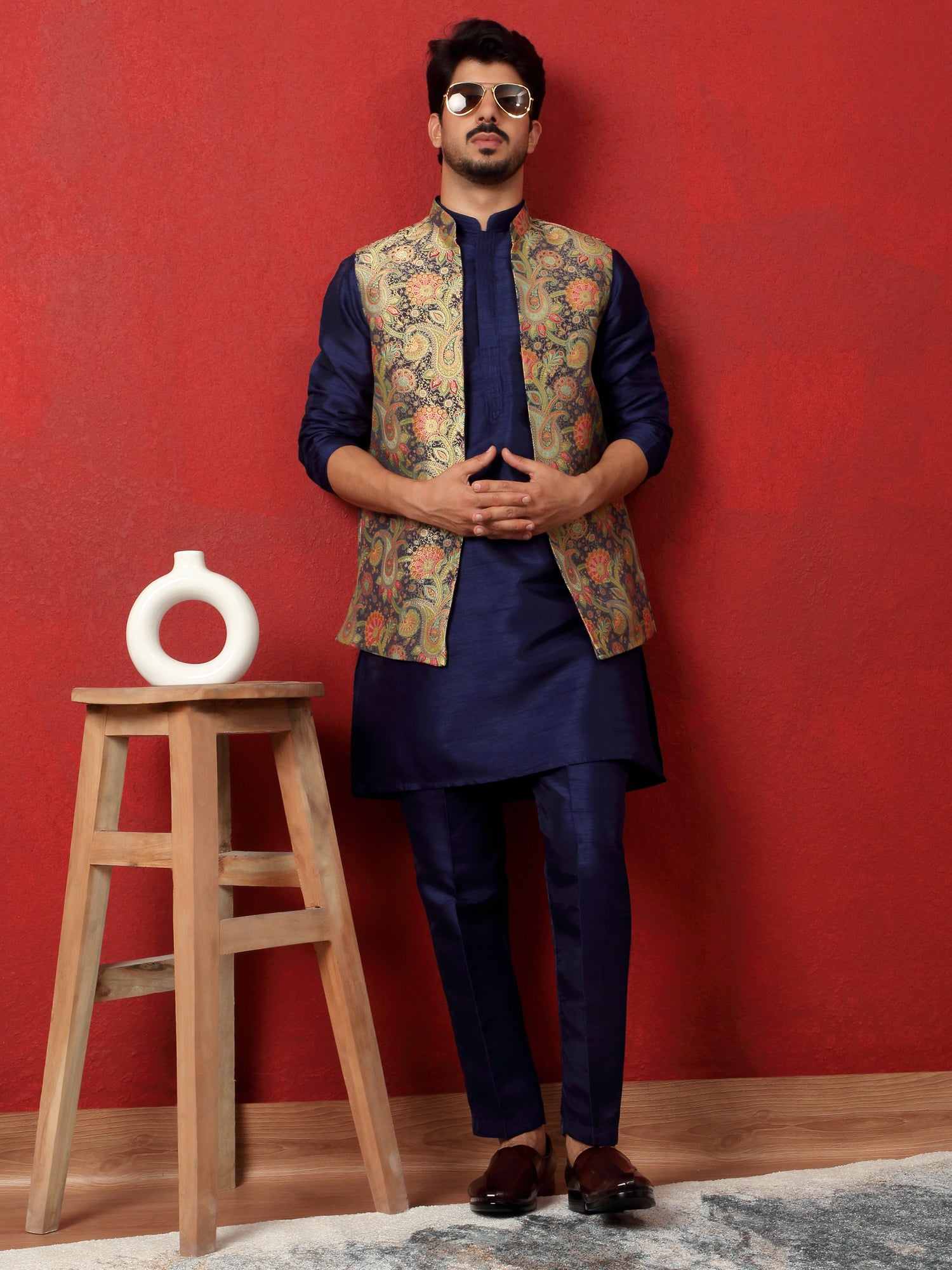 LUXE- Men's Silk Blend Anchor Work Kurta Trouser Set with Paisley Floral Jacquard Nehru Jacket