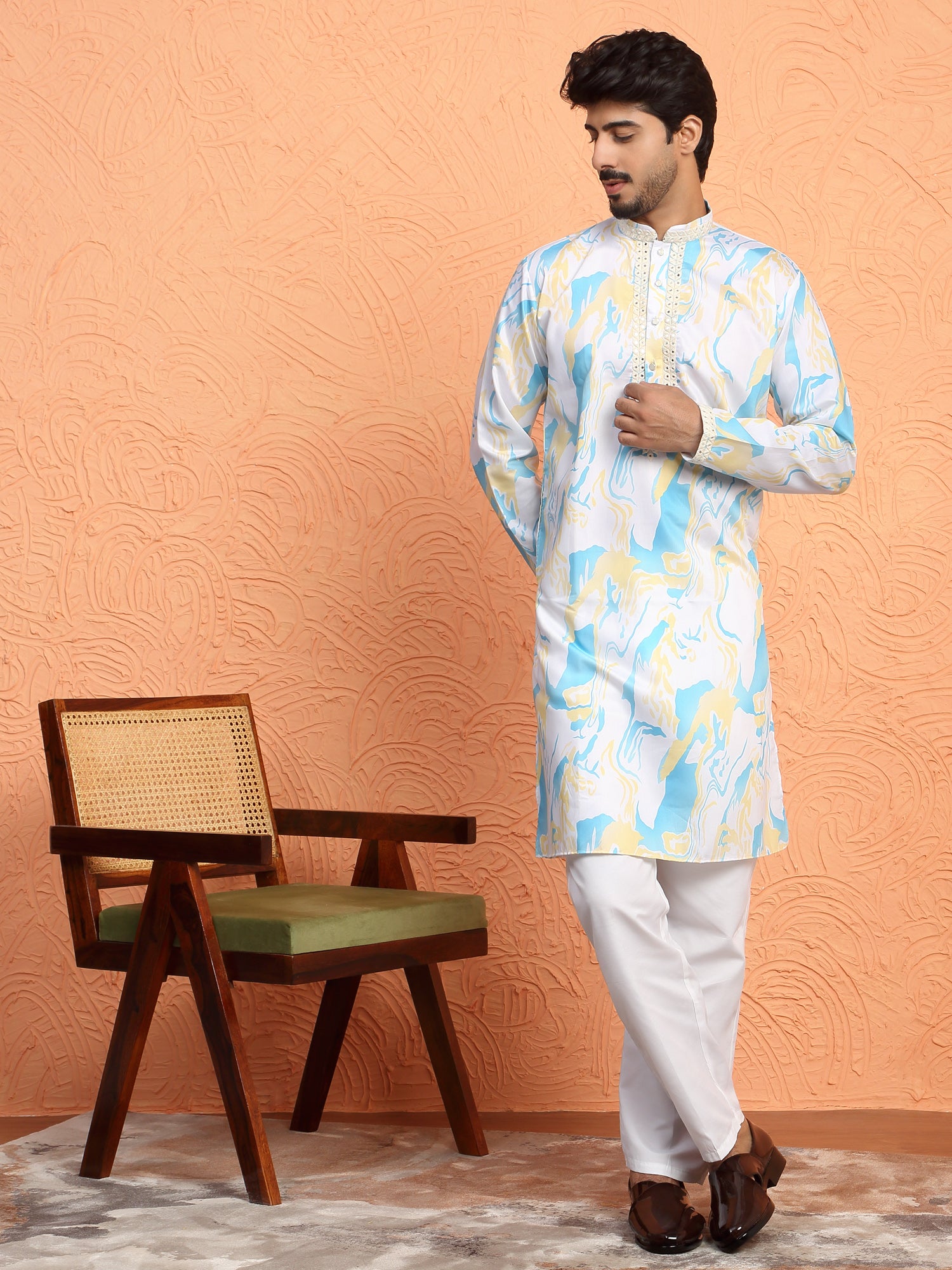 LUXE- Men's Cotton Silk Tie-Dye Printed Yoke Design Sequence Kurta