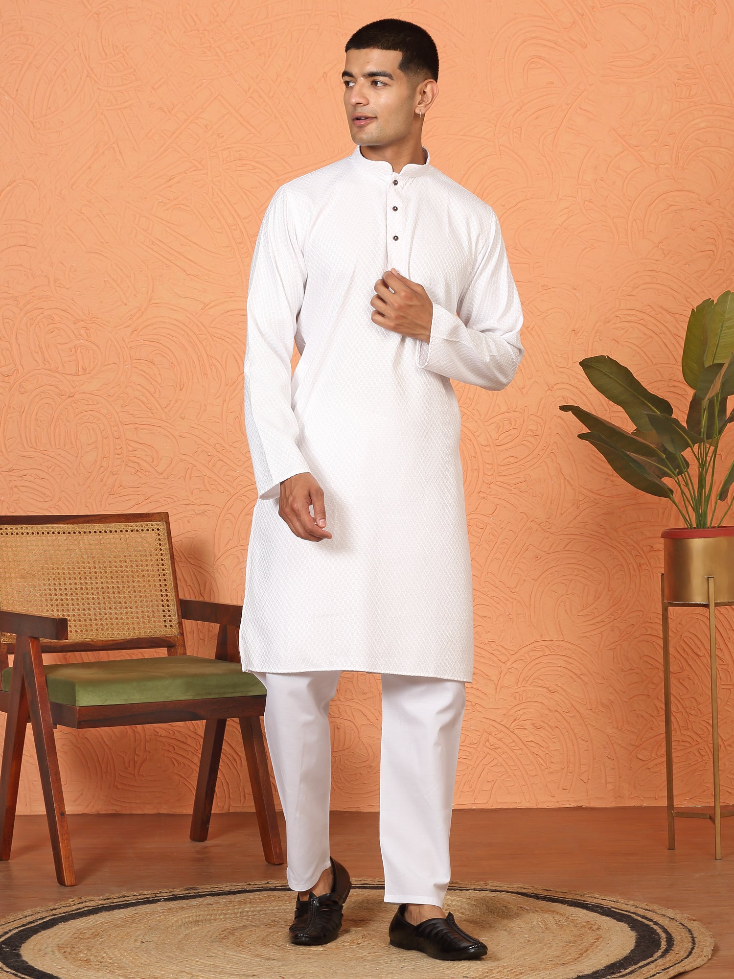 Men's Chikan Embroidered Cotton Rayon Long Kurta With White Pyjama