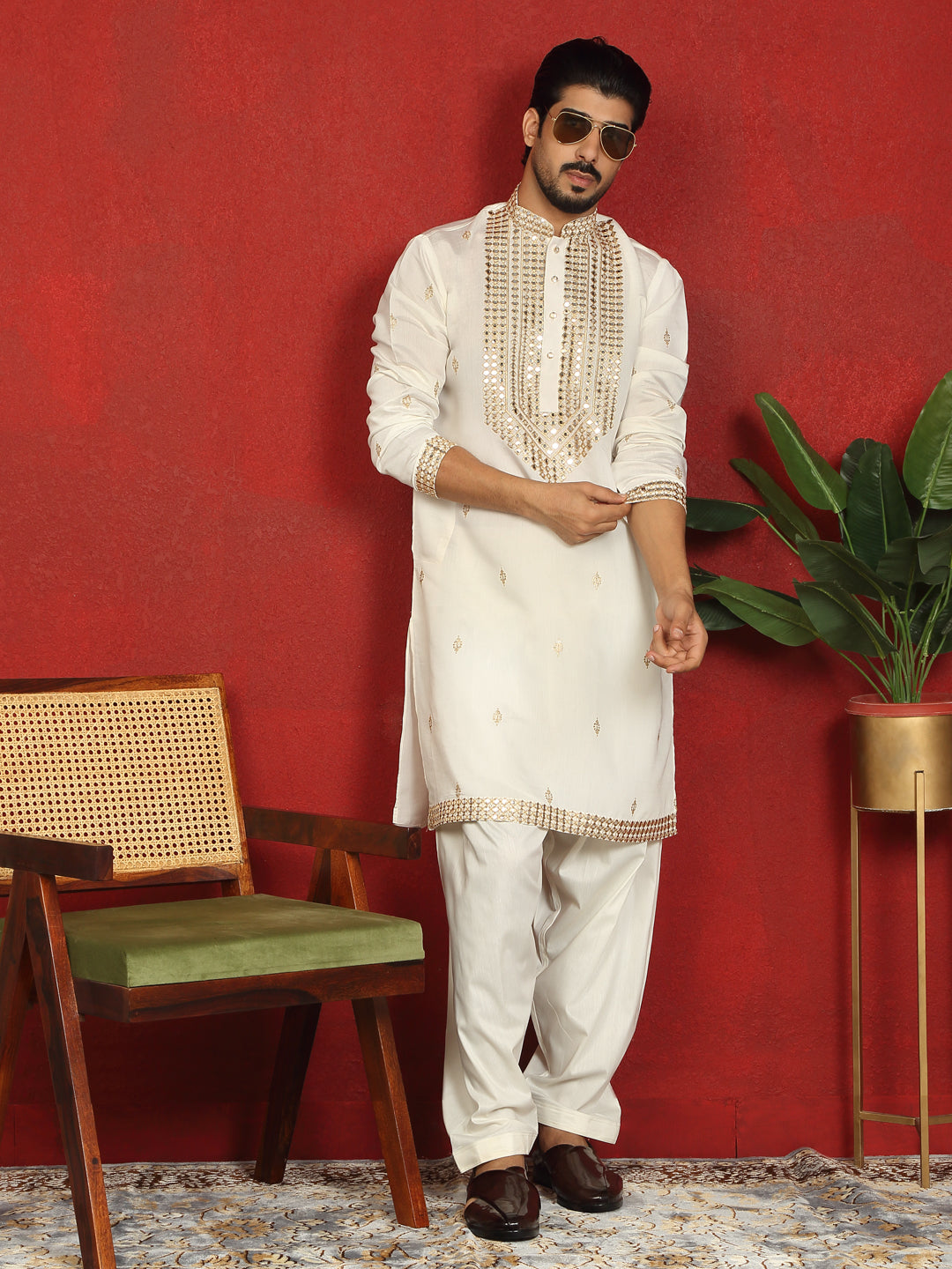 Men’s Cotton Silk Zari Embroidered Yoke Design Kurta with Cream Salwar