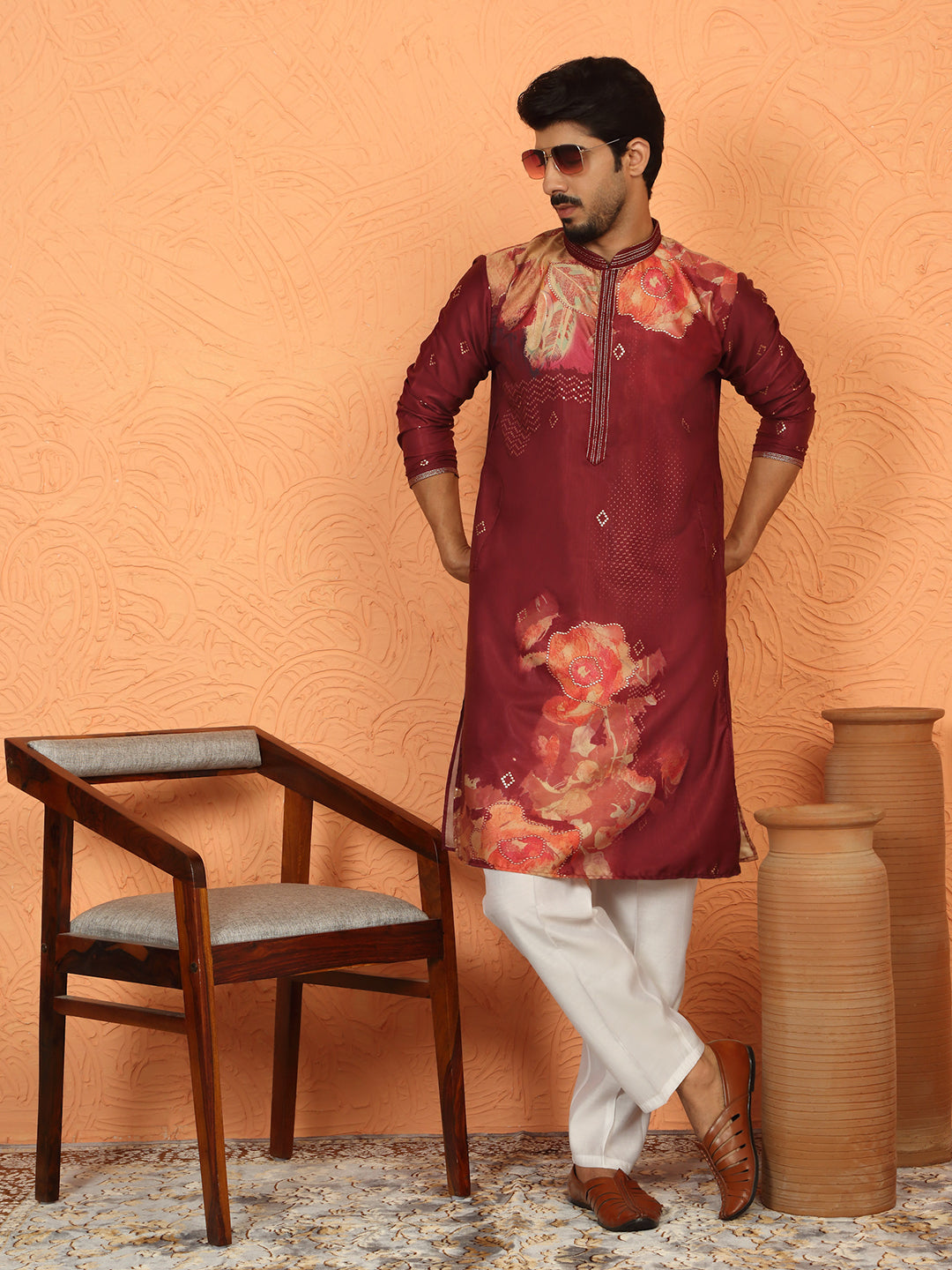 Men’s Cotton Silk Floral Printed Anchor Neck Work Kurta Set with White Silk Trouser