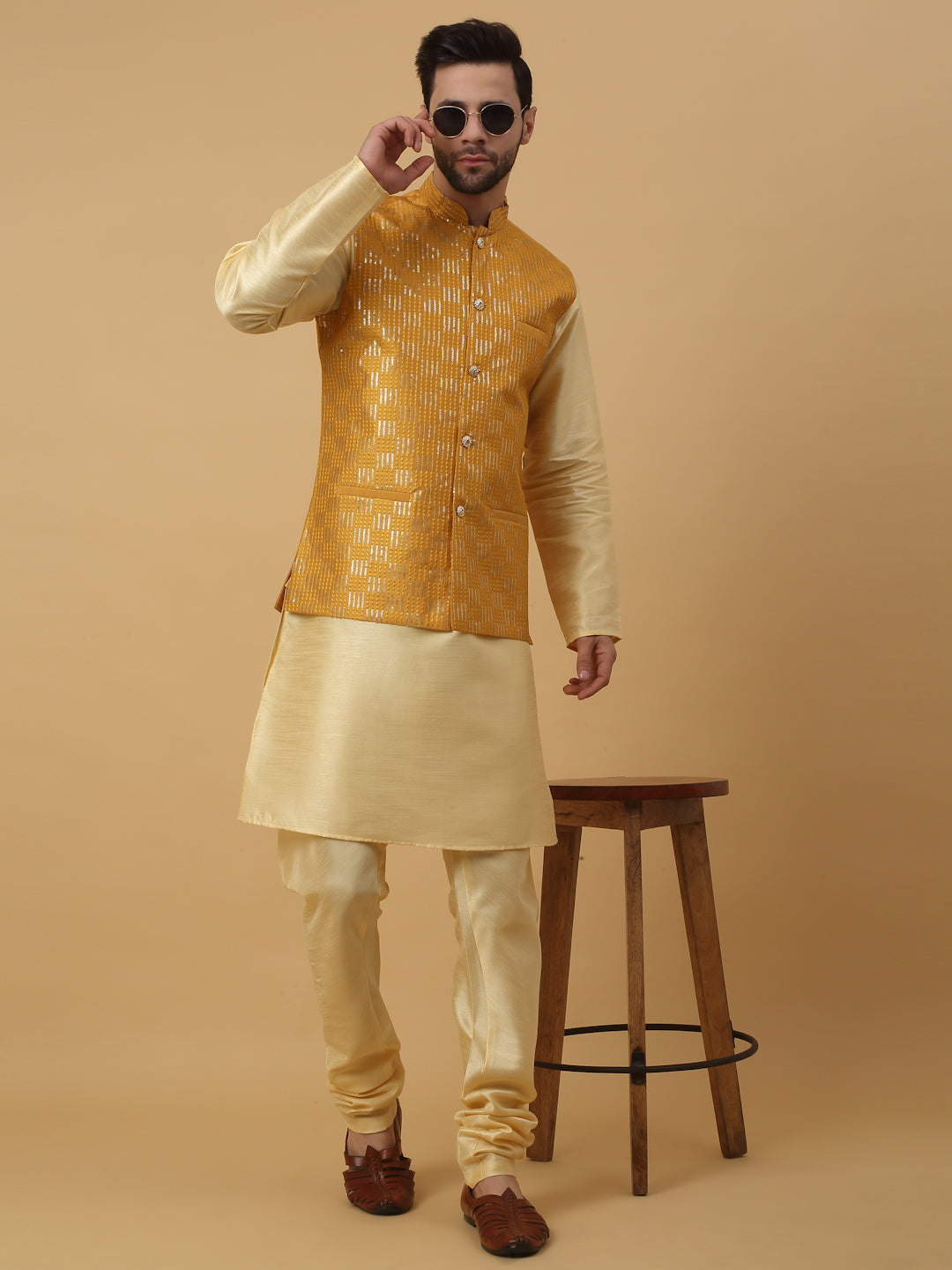 KRAFT INDIA Men's Silk Blend Beige Kurta, Churidar With Cotton Silk Sequenced Embroided Nehru Jacket set