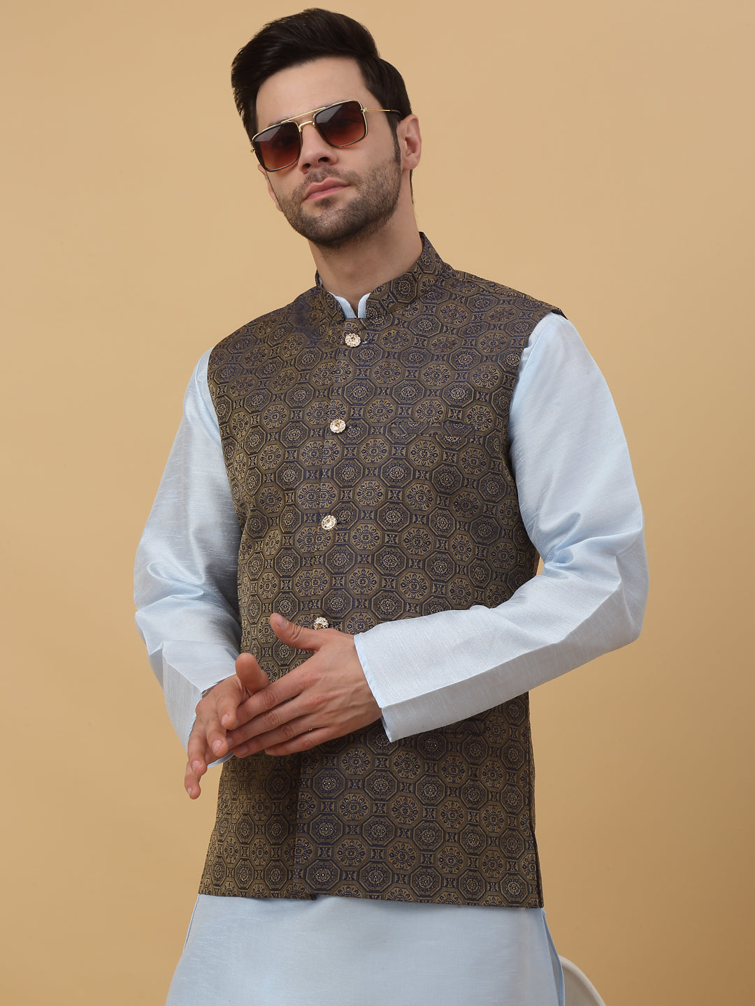 KRAFT INDIA Men's Silk Blend Bandhani Sleeveless Jacquard Nehru Jacket