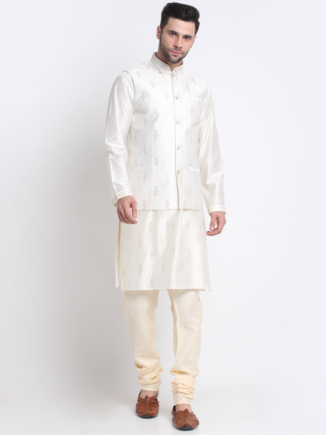 Ethnic Motifs Embroidered Sequence Regular Kurta With Churidar & Nehru Jacket
