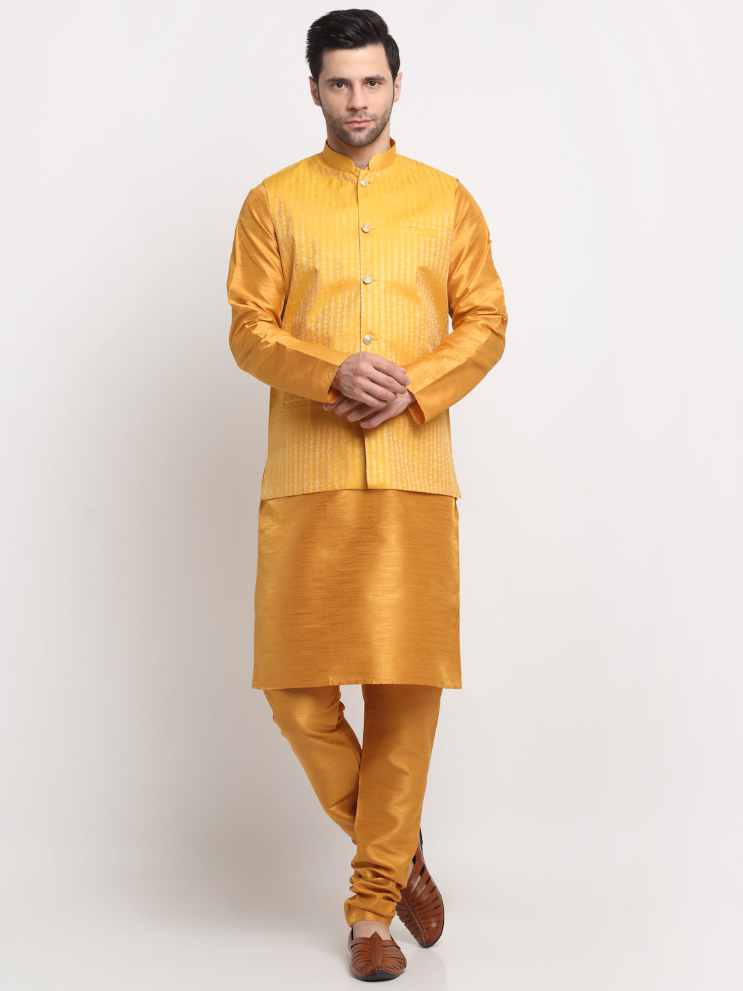 KRAFT INDIA Men's Silk Mustard Kurta Churidar with Nehru Jacket Set
