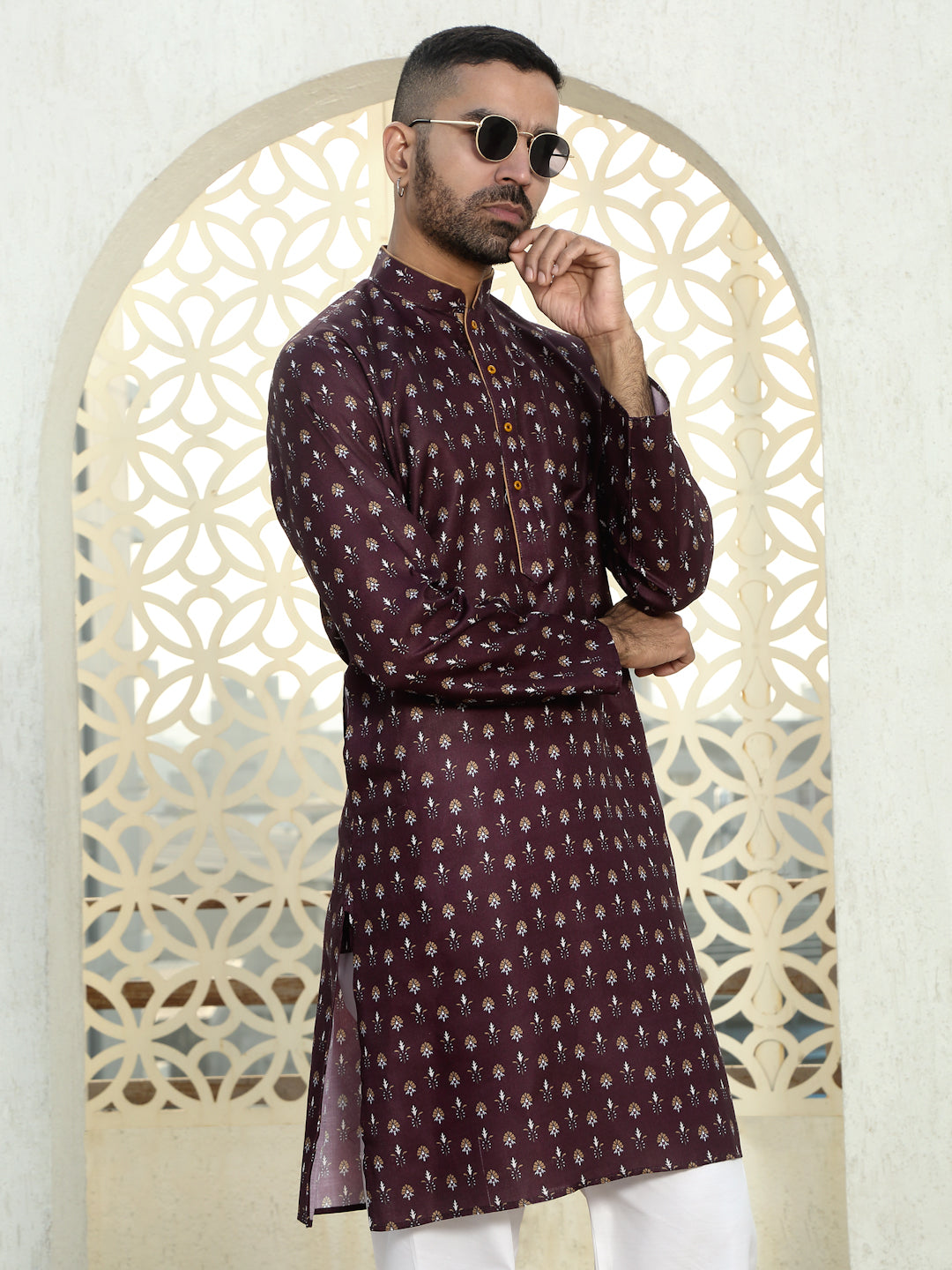 Cotton Floral Print Regular Kurta Contrast Piping on Collar