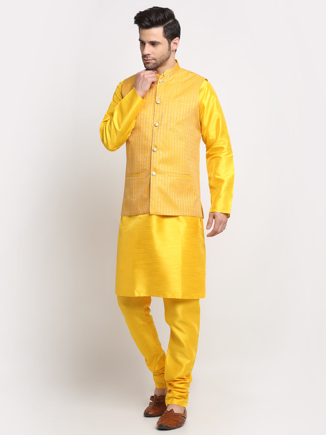 KRAFT INDIA Men's Silk Yellow Kurta Churidar with Nehru Jacket Set