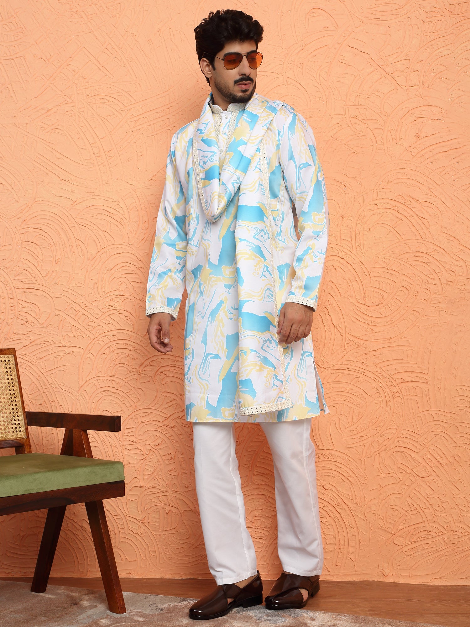 LUXE-Men's Cotton Silk Tie-Dye Printed Yoke Design Sequence Kurta Trouser Pant Set With Matching Duppatta