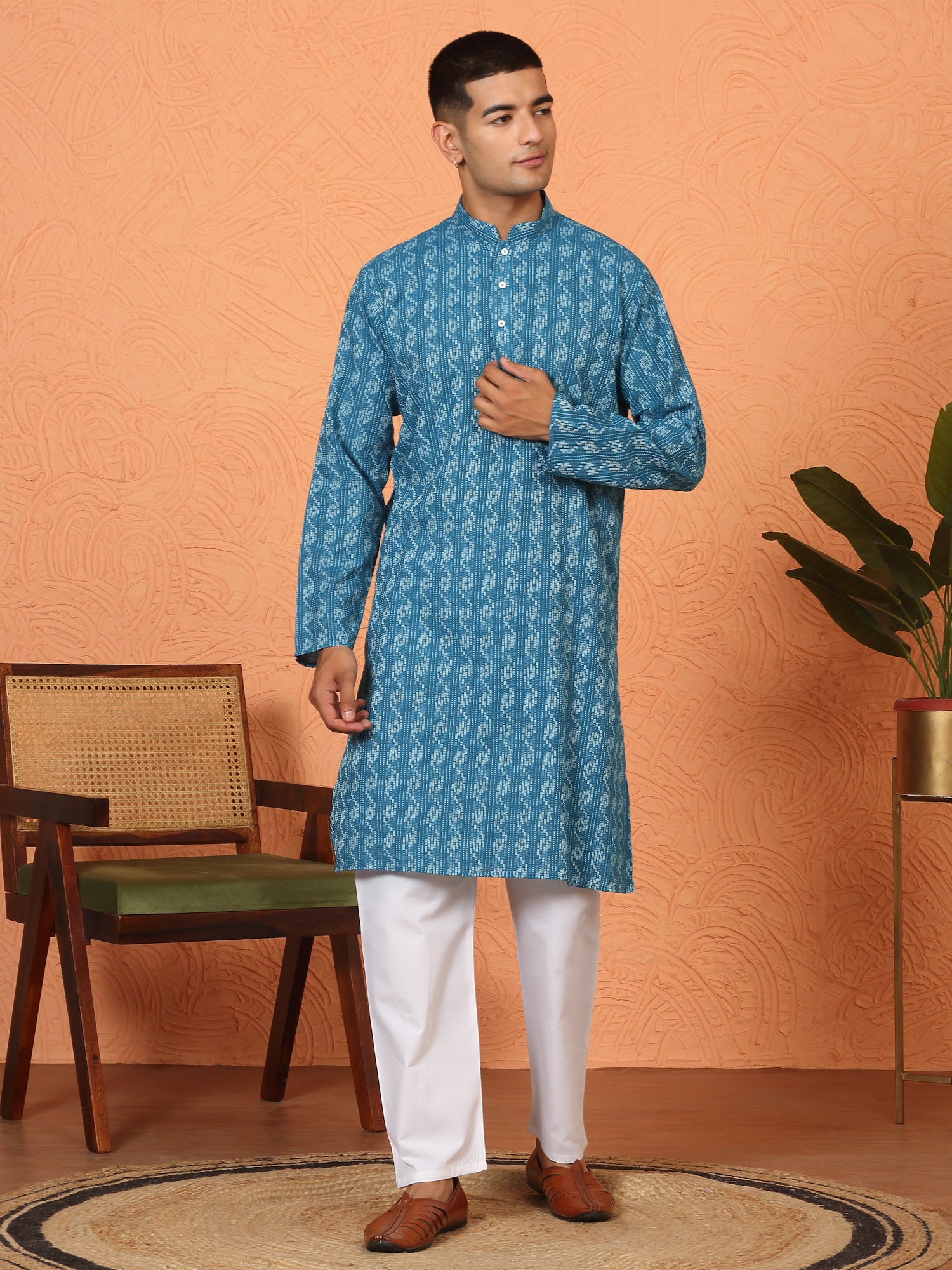 Men’s Cotton Woven Kantha Work Kurta Pyjama Set with Mandarin Collar
